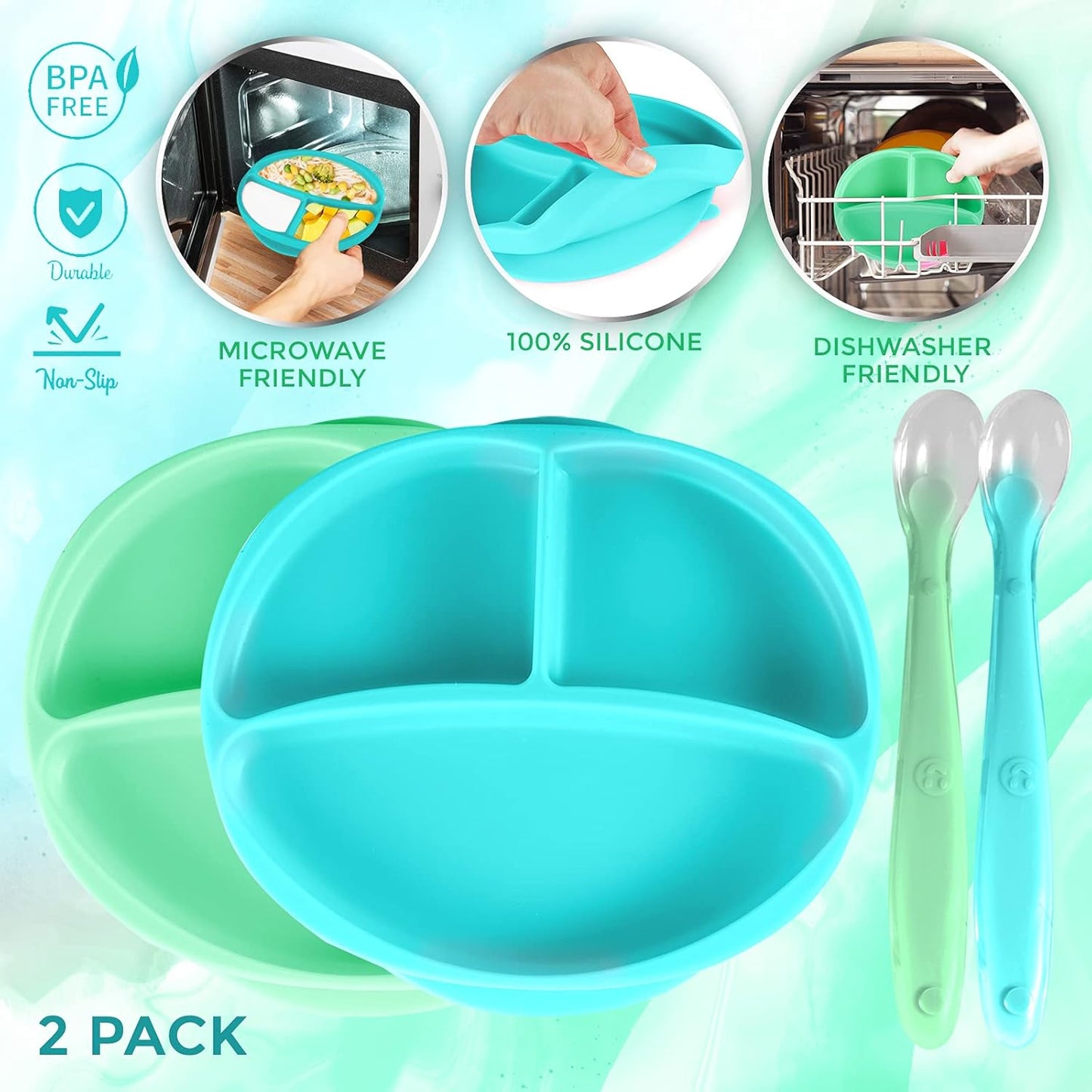 Silicone Suction Plate for Baby - 100% Food Grade Silicone Divided Plate | Toddler Self Feeding Training Suction Plate Set | Bpa-Free, Microwave & Dishwasher Safe Stay Put Plates (Blue & Light Green)