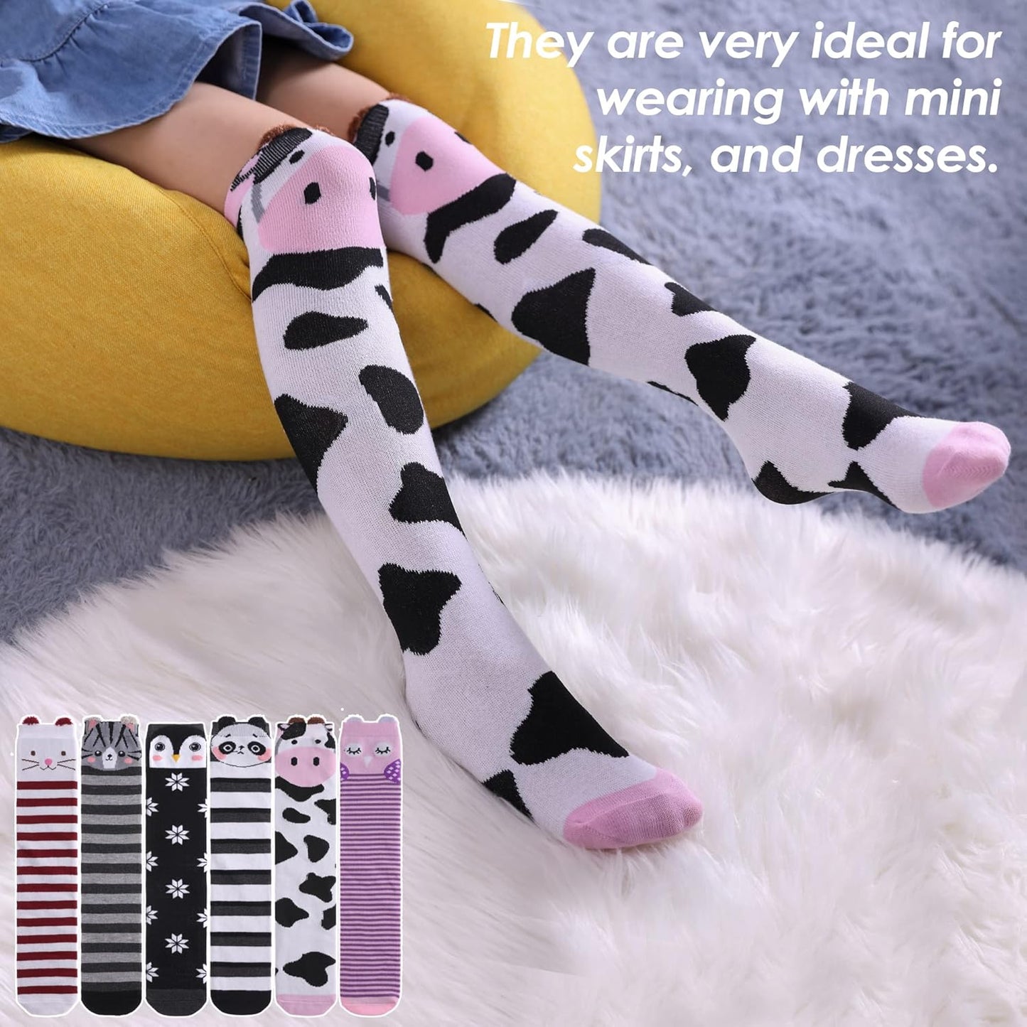3-12 Year Old Girls Knee High Socks Kids Cute Crazy Funny Animal Pattern Long Boot Socks 6 Pairs