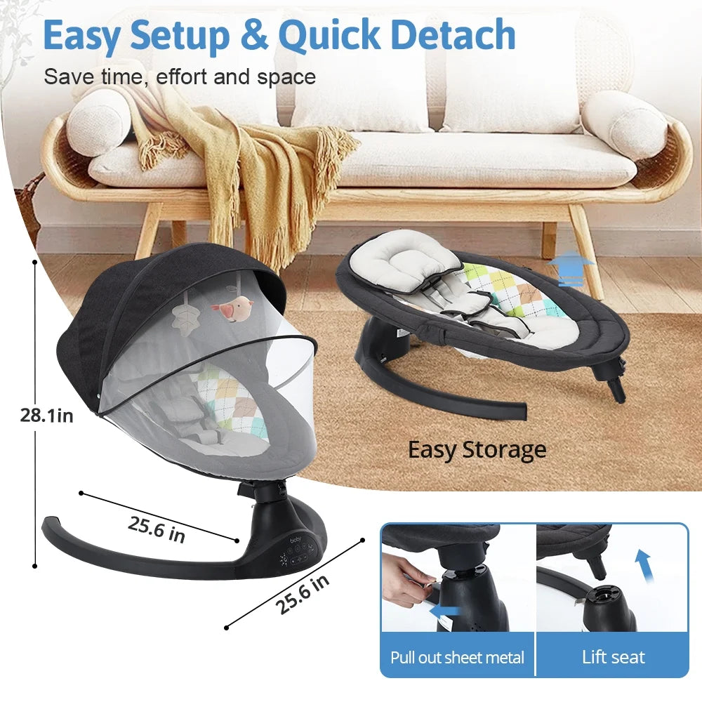 Baby Swing for Infant, Electric Bluetooth Music Bouncer Rocker with 5 Sway Modes, 3 Timing, Black