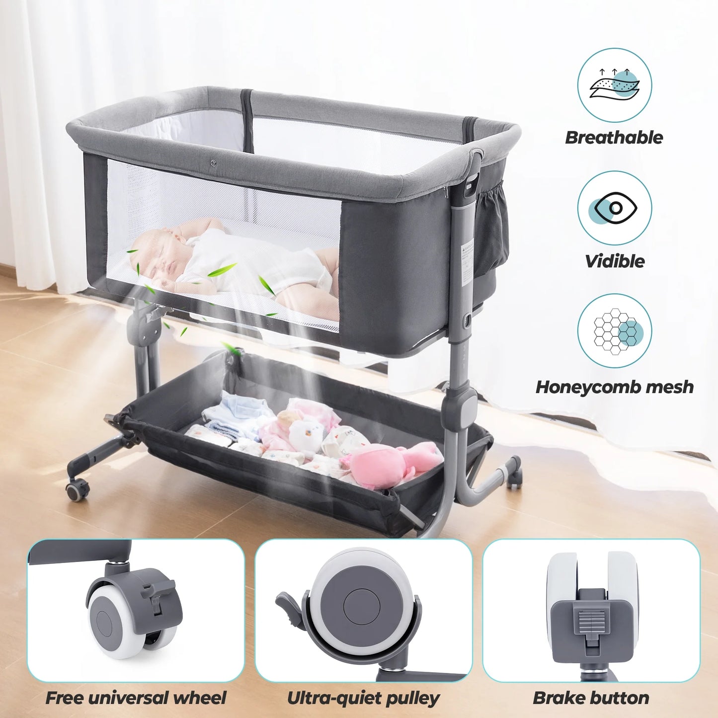 Portable Baby Bedside Sleeper Bassinet with Waterproof Mattress Pad for Infant Newborn up to 12 Month