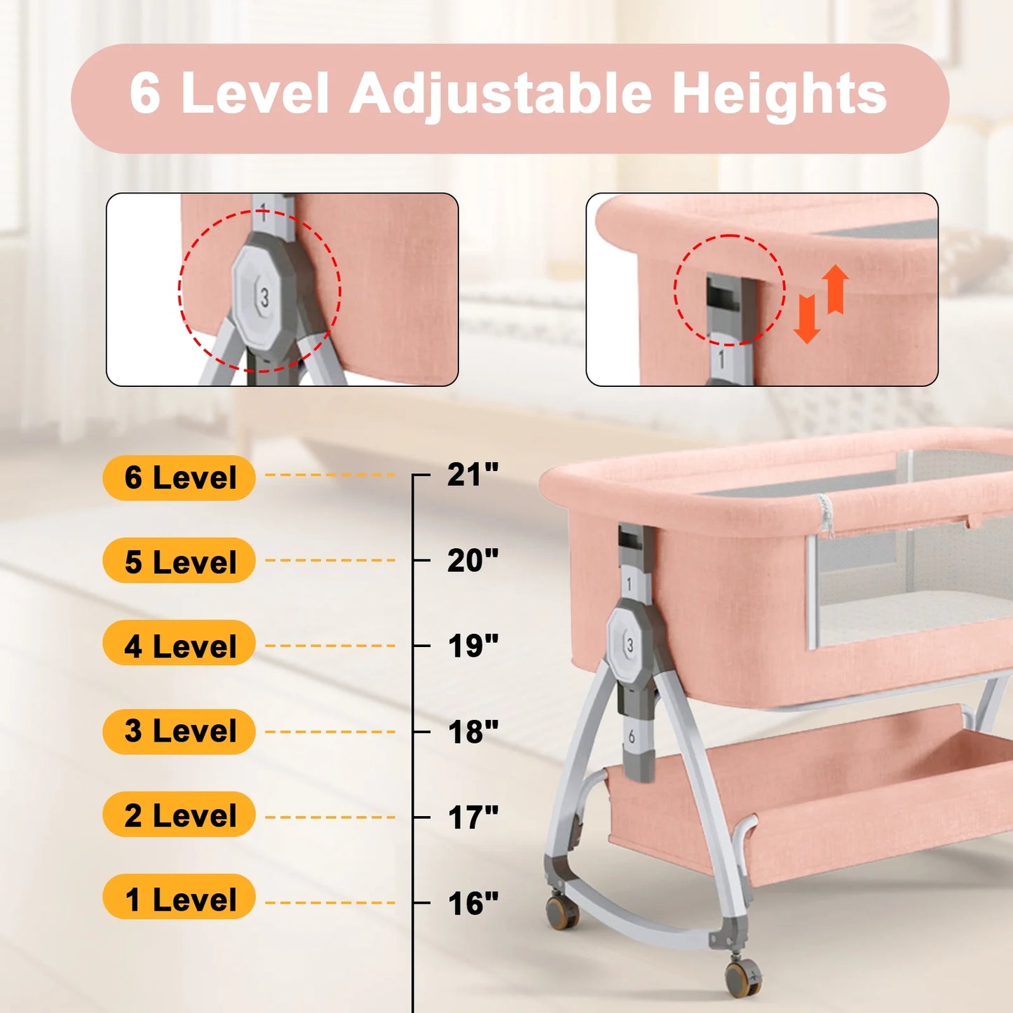 5-In-1 Folding Baby Bassinet,6-Height-Adjustable Crib with Lockable Wheels,Changing Table(Pink)