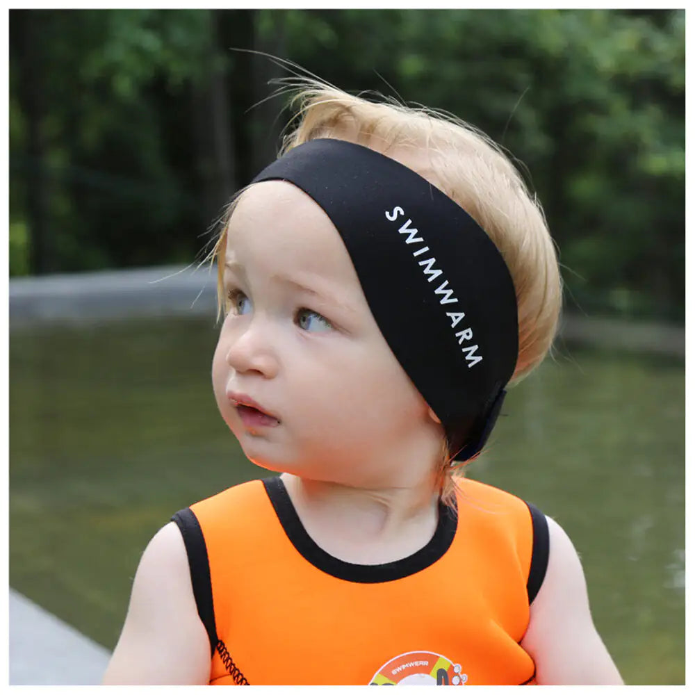 Owli Swimwarm Baby Ear Band – Black | Waterproof Reversible Headband with Silicone Ear Plugs (0-3 Years)