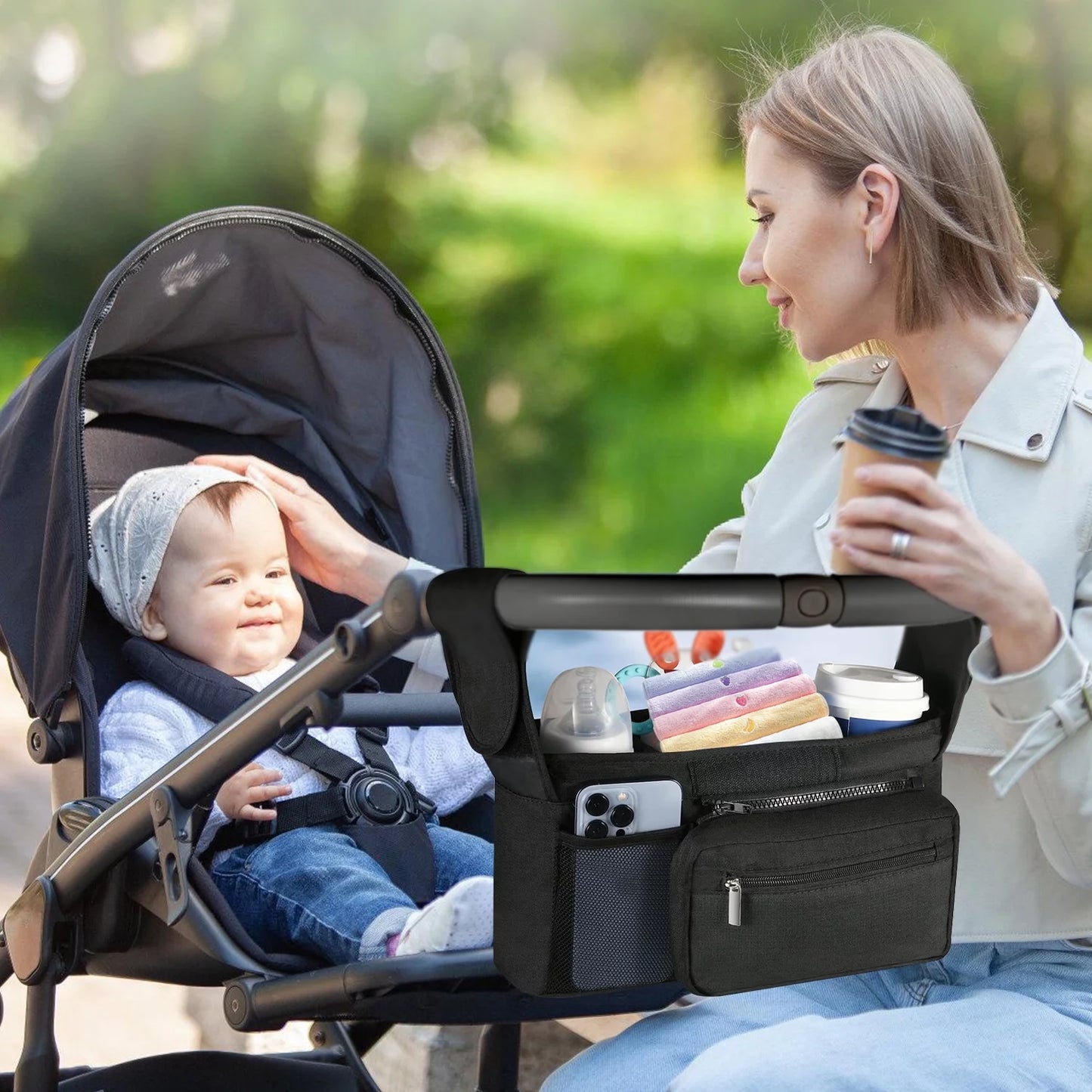 Universal Stroller Organizer Non Slip Straps Stroller Caddy with Insulated 2 Cup Holder-Detachable Phone Bag & Shoulder Strap,Fits for Stroller like Uppababy,Baby Jogger and Pet Stroller,Black