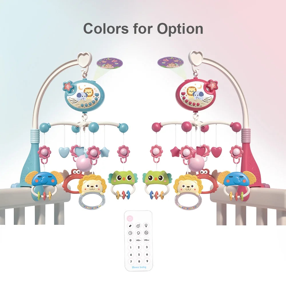 Cute Baby Crib Mobile with Music Lights Star Projection Hanging Rotating Toys Baby Crib Toys with Remote Contorl Infant Bed Decoration for Baby Boys Girls