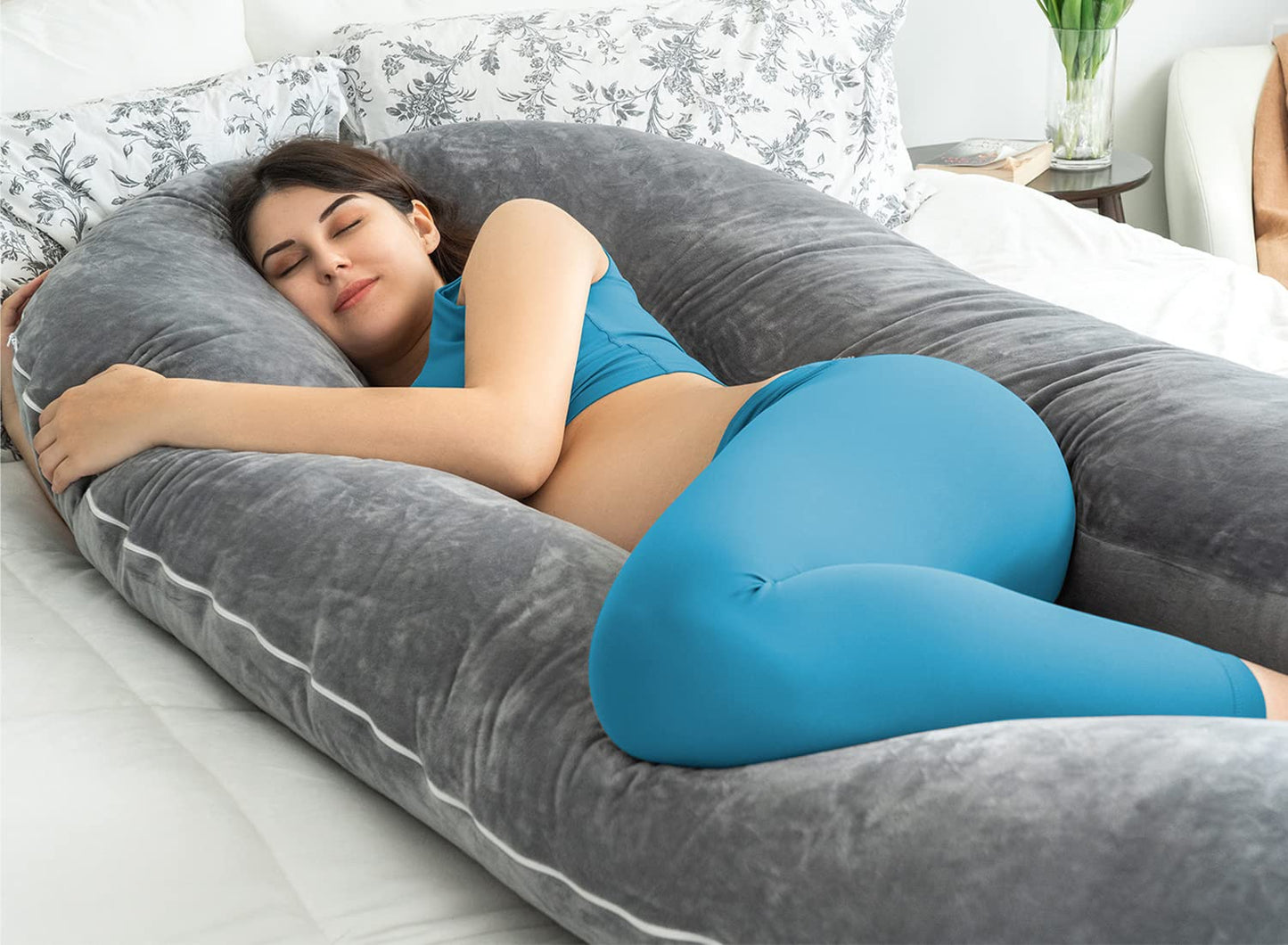 Pregnancy Pillows for Sleeping, U Shaped Body Pillow for Pregnancy, 65 Inch Maternity Pillow for Tall Pregnant Women with Gray Velvet Cover