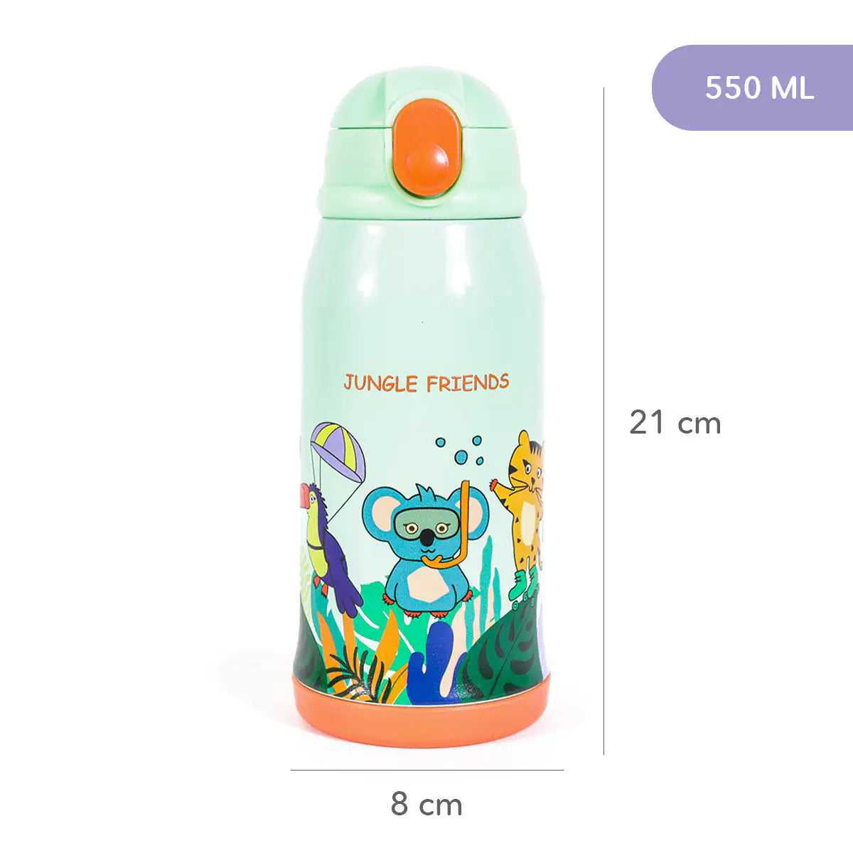 MILK&MOO Jungle Friends Kids Water Bottle with Bag – 18.5oz Stainless Steel, BPA-Free, Leakproof, 3 Lids, Insulated for Hot & Cold Drinks