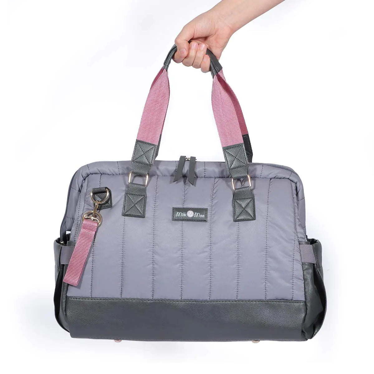 Milk&Moo Quilted Diaper Bag – Dark Gray Baby Tote with Vegan Leather, Multiple Carry Options, Stroller Straps – Stylish & Spacious for Moms