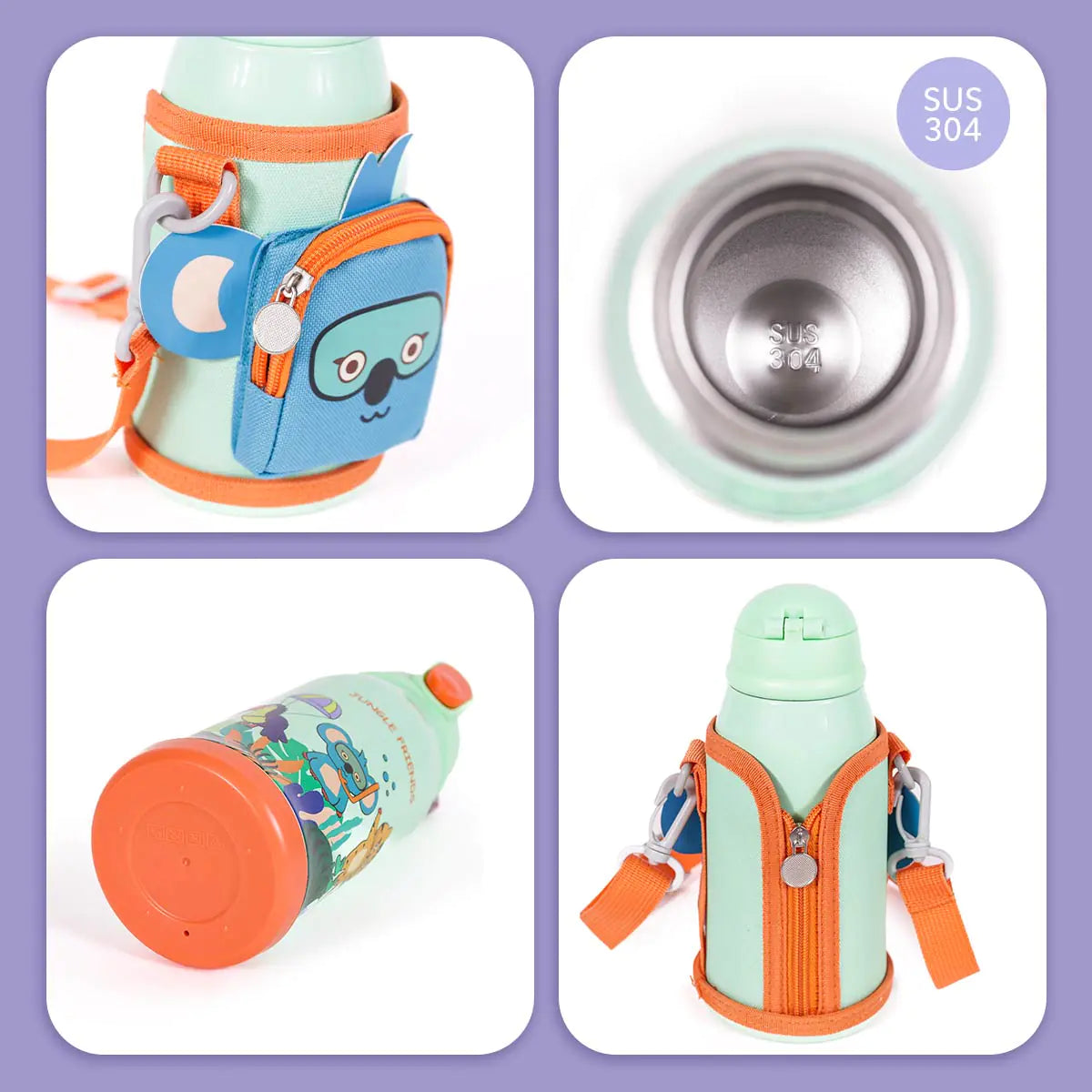 MILK&MOO Jungle Friends Kids Water Bottle with Bag – 18.5oz Stainless Steel, BPA-Free, Leakproof, 3 Lids, Insulated for Hot & Cold Drinks