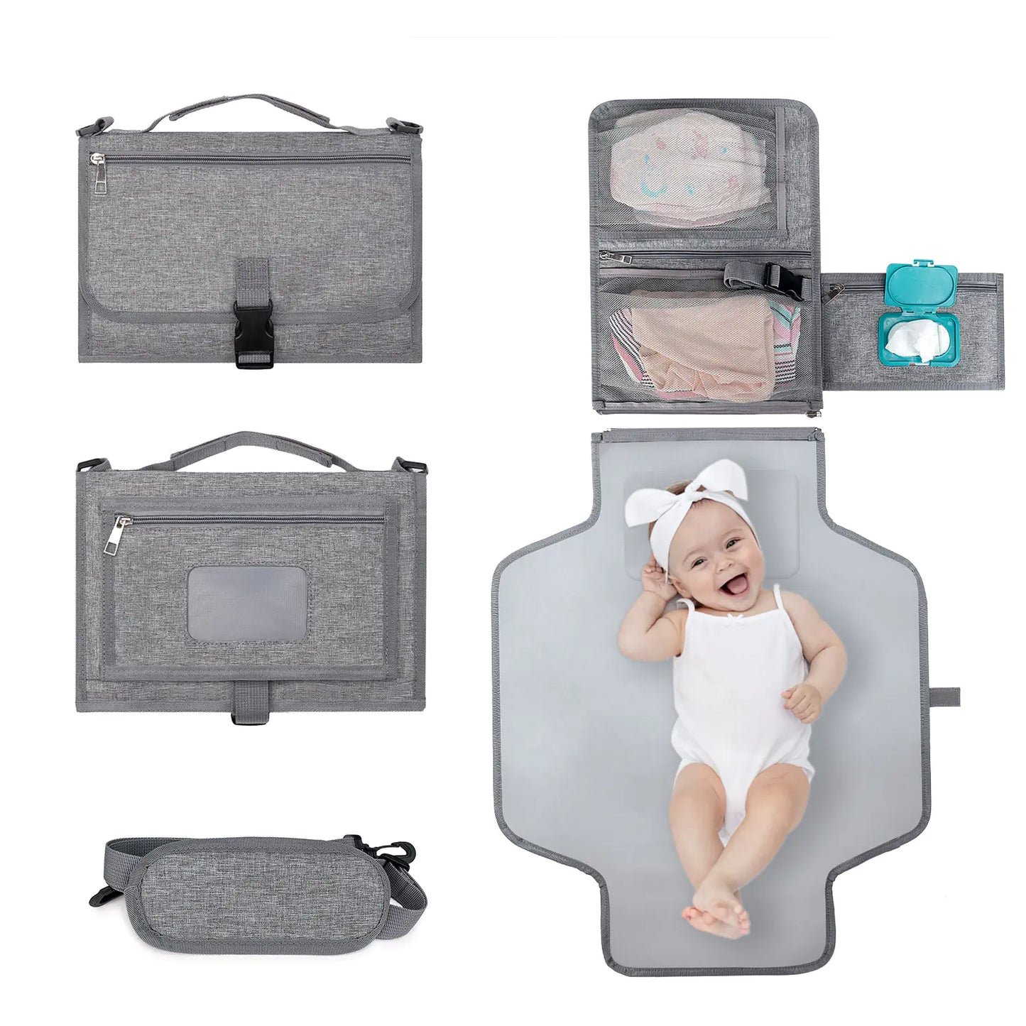 Portable Baby Changing Pad – Foldable with Shoulder Strap, Memory Foam Pillow & Wipes Pocket