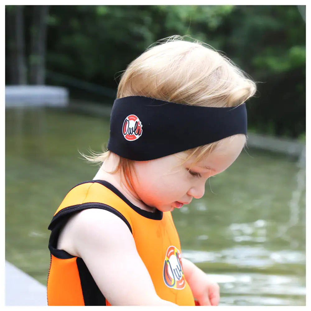 Owli Swimwarm Baby Ear Band – Black | Waterproof Reversible Headband with Silicone Ear Plugs (0-3 Years)