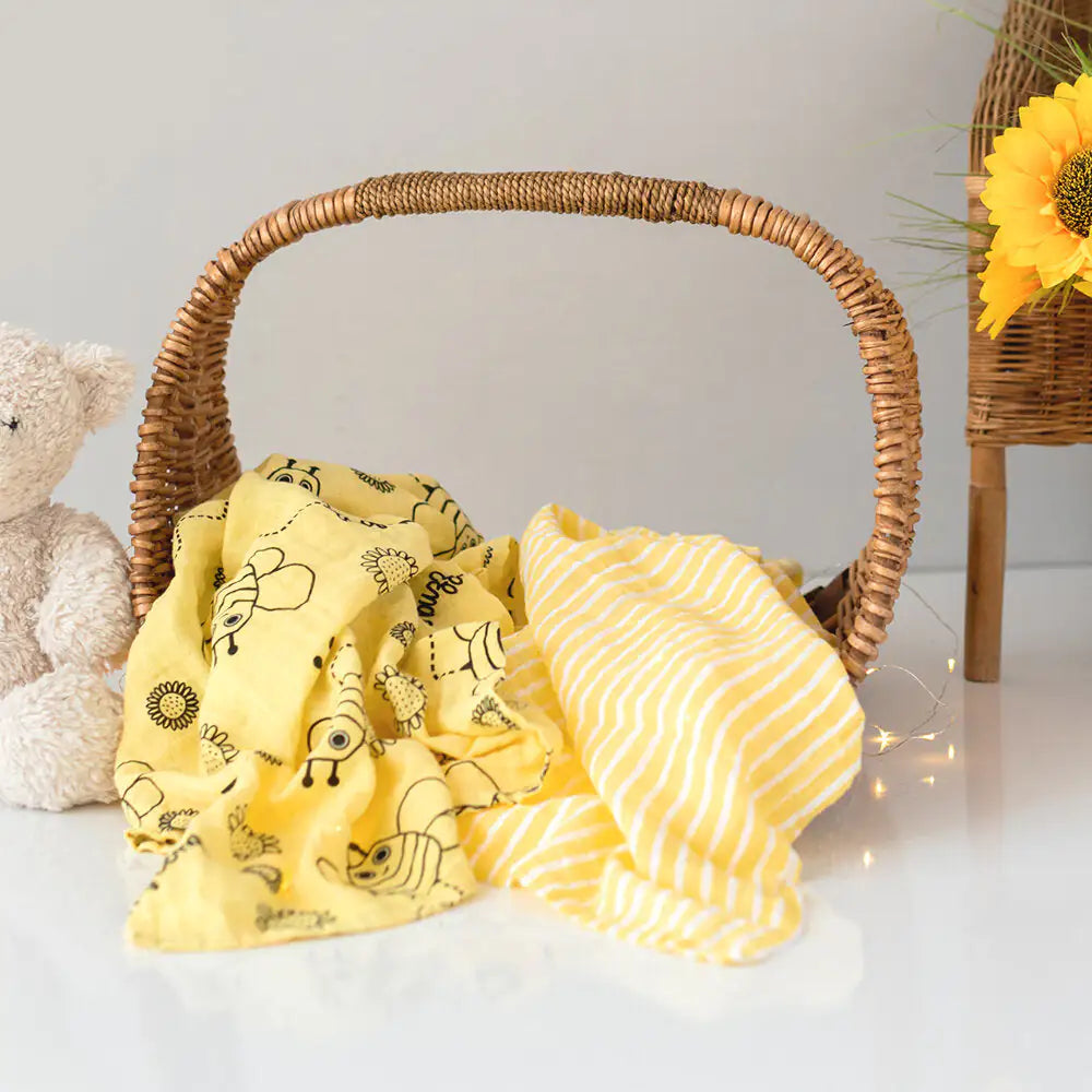 Milk&Moo 2-Pack Muslin Swaddle Blankets – Buzzy Bee Design, 100% Turkish Cotton, 43"x43" | Ultra Soft, OEKO-TEX Certified
