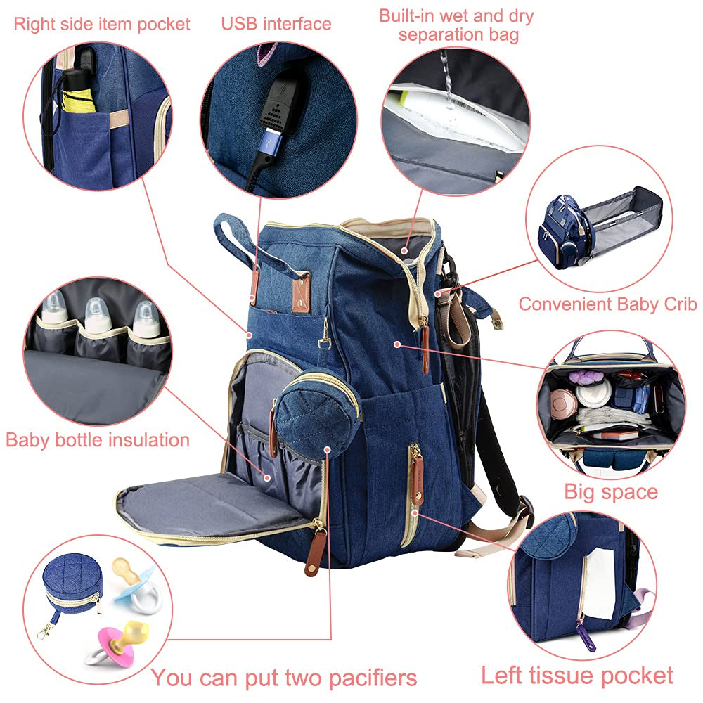 Diaper Bag Backpack with Changing Station Large Capacity Travel Baby Bags for Dad Mom Multifunction Foldable Nappy Bags with Crib/Pacifier Case