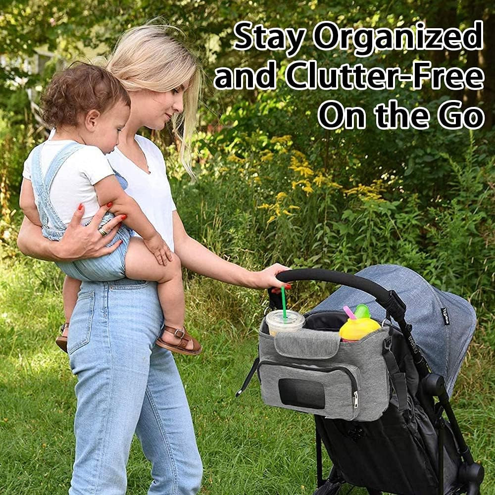 Baby Stroller Organizer with Cup Holder Universal Stroller Caddy Large Storage Space Baby Multiple Pockets Stroller Storage Adjustable Shoulder Strap Stroller Accessories Organizer