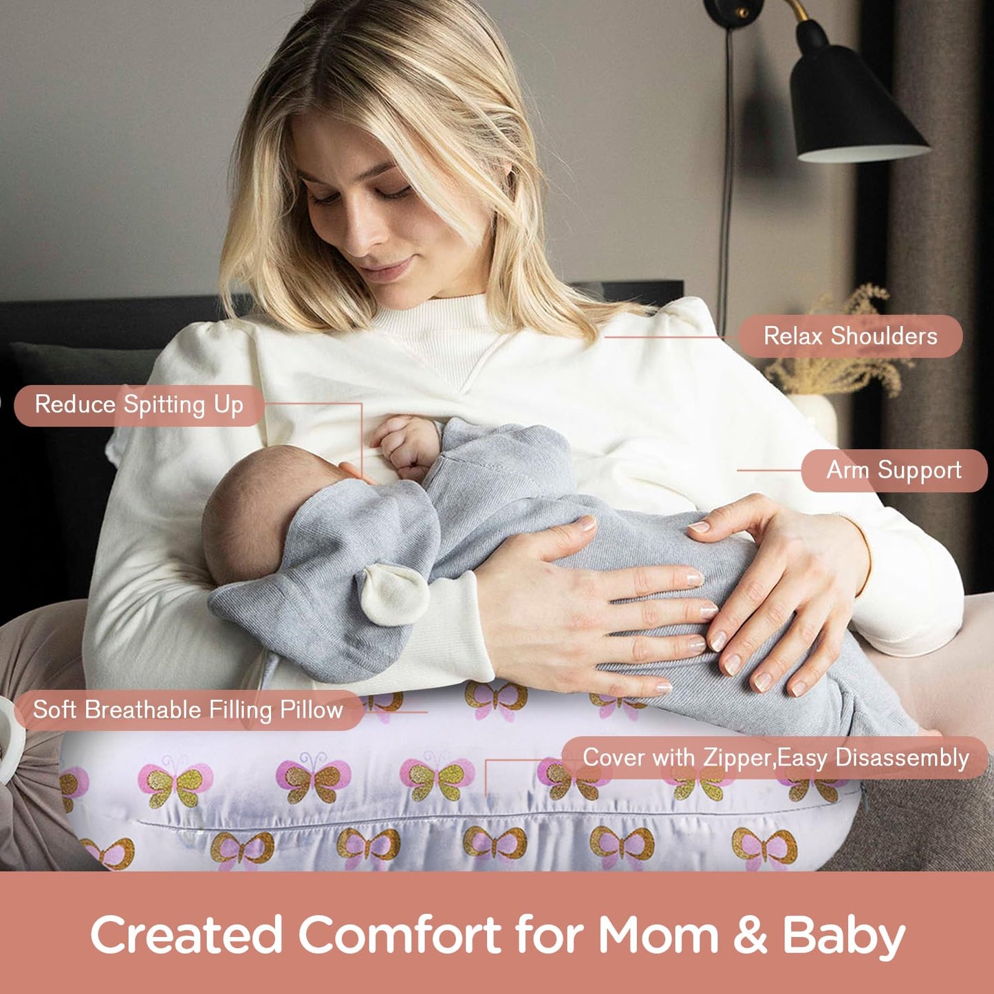 Nursing Pillow, Breast Feeding Pillows for Mom, Butterfly Soft Cover with Breathable Filling, Feeding Support Pillow for 0-12 Months, Multifunctional Support Cushion for Travel