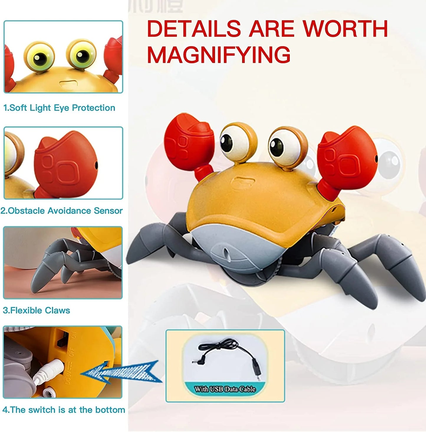 Crawling Crab Baby Toy, Tummy Time Gifts for Newborn Babies 3-12 Month, Light-Up Walking Dancing Moving Crab with Music, Rechargeable Sensory Toy