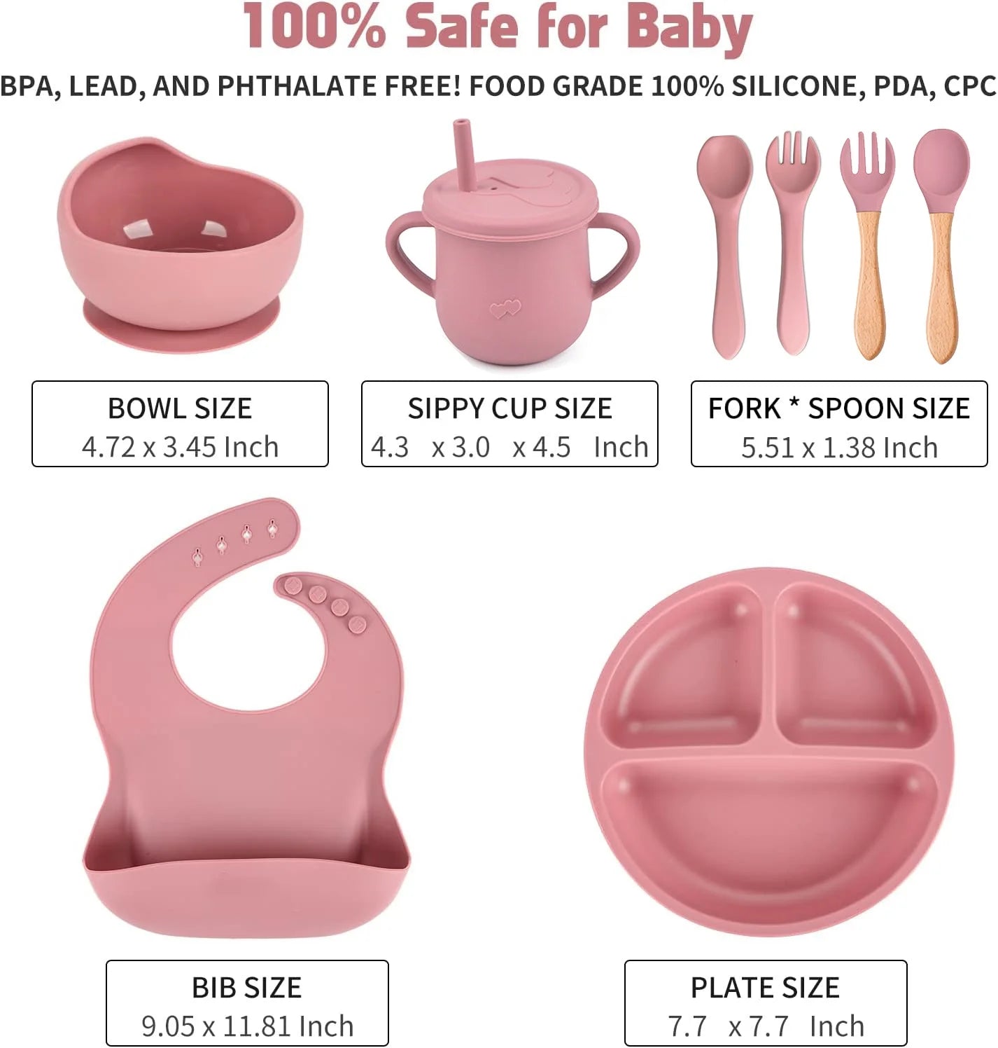 Silicone Baby Feeding Set|Baby Weaning Supplies Set|Suction Baby Plate Bowl Set with Bib Spoon Fork Sippy Cup|Baby Feeding Eating Supplies Set BPA Free - Dark Pink