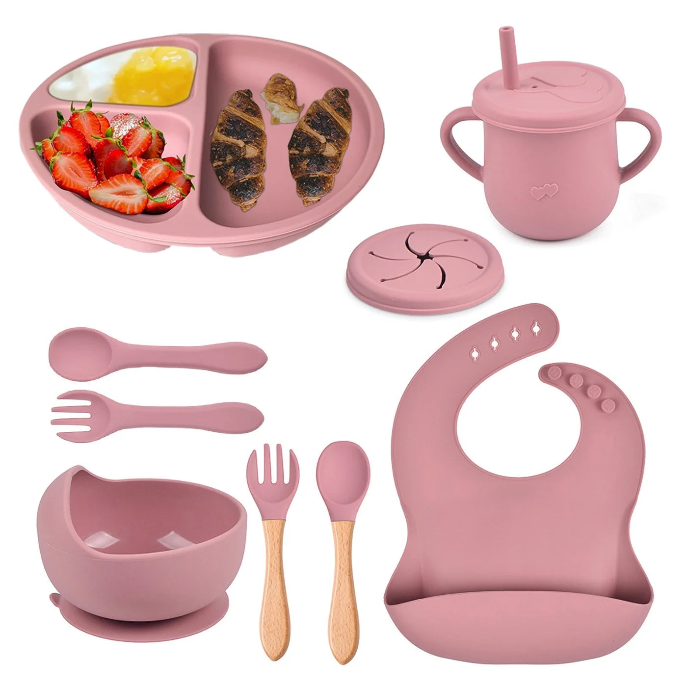 Silicone Baby Feeding Set|Baby Weaning Supplies Set|Suction Baby Plate Bowl Set with Bib Spoon Fork Sippy Cup|Baby Feeding Eating Supplies Set BPA Free - Dark Pink