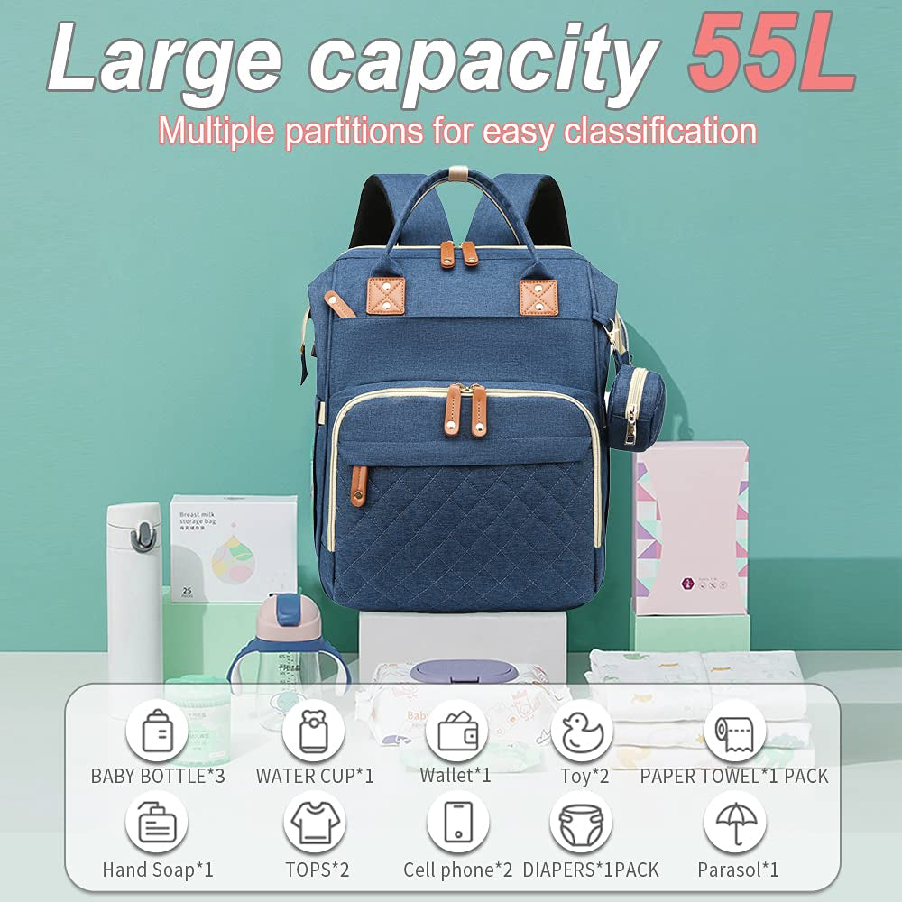 Diaper Bag Backpack with Changing Station Large Capacity Travel Baby Bags for Dad Mom Multifunction Foldable Nappy Bags with Crib/Pacifier Case
