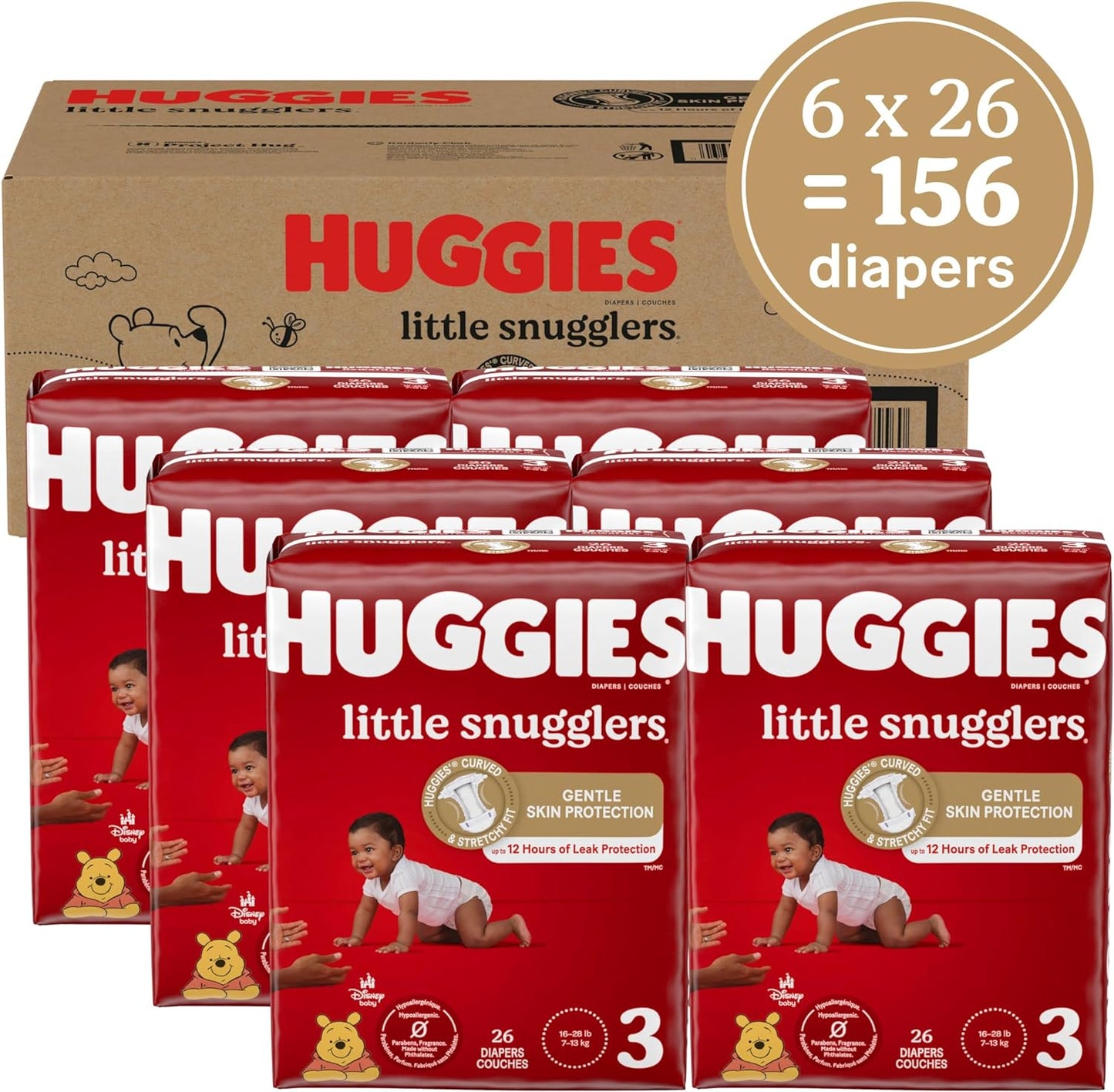 Baby Diapers Size 3 (16-28 Lbs), 156Ct, Little Snugglers