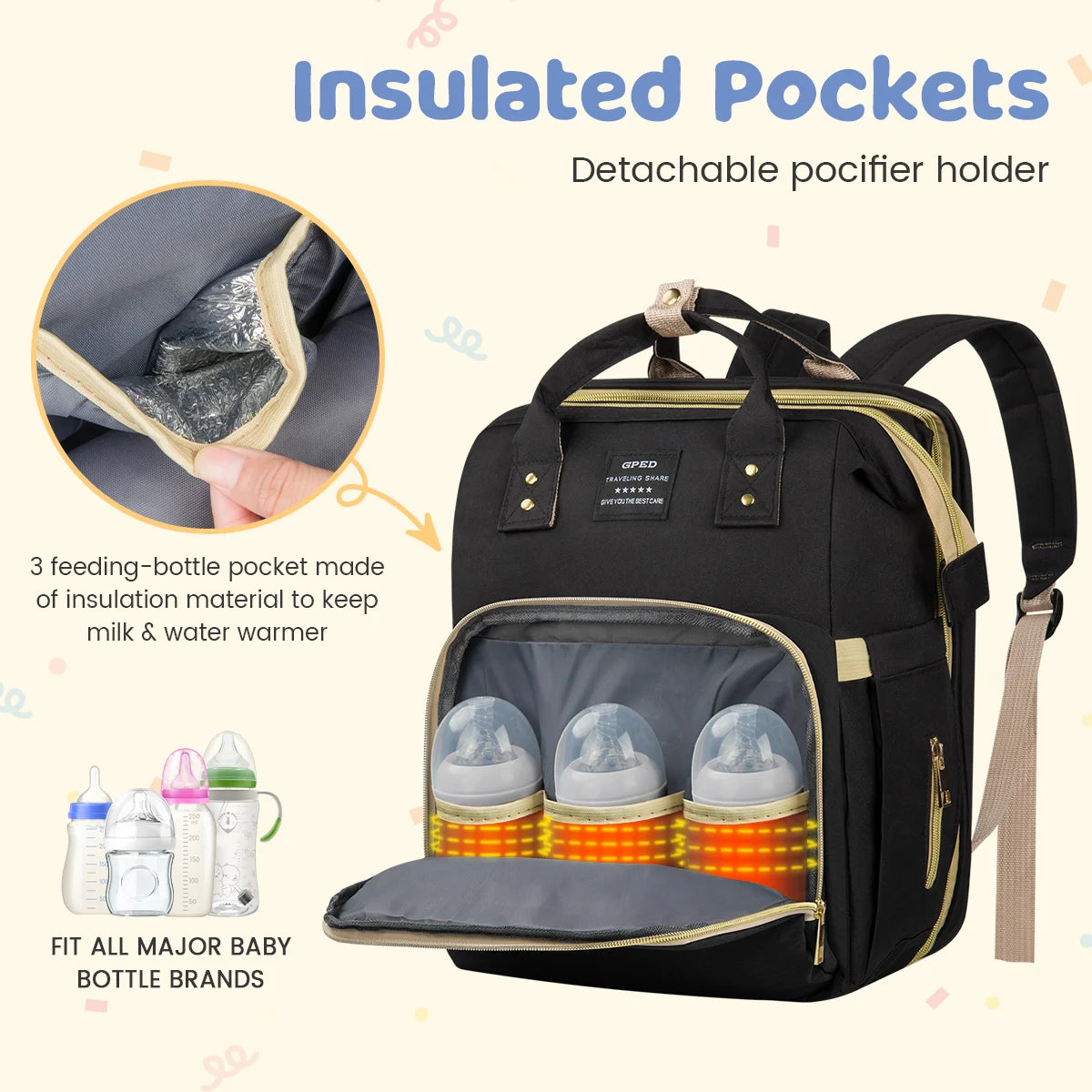 Diaper Bag Backpack, Multifunctional Baby Changing Bag with Foldable Crib &Insulated Milk Bottle Pockets, Large Capacity Portable Travel Backpack with USB Charging Port, Nappy Bag for Moms Dads,Black