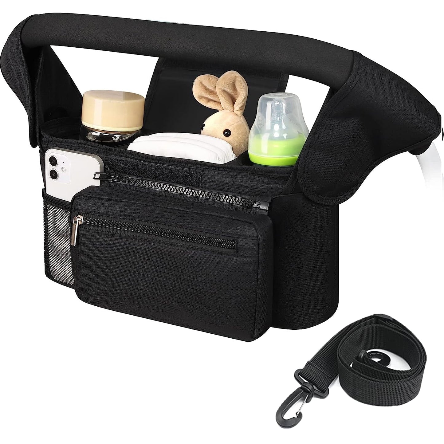 Stroller Organizer with 2 Cup Holder, Detachable Zippered Pocket & Adjustable Shoulder Strap, Universal Stroller Accessories Fits for All Baby Strollers