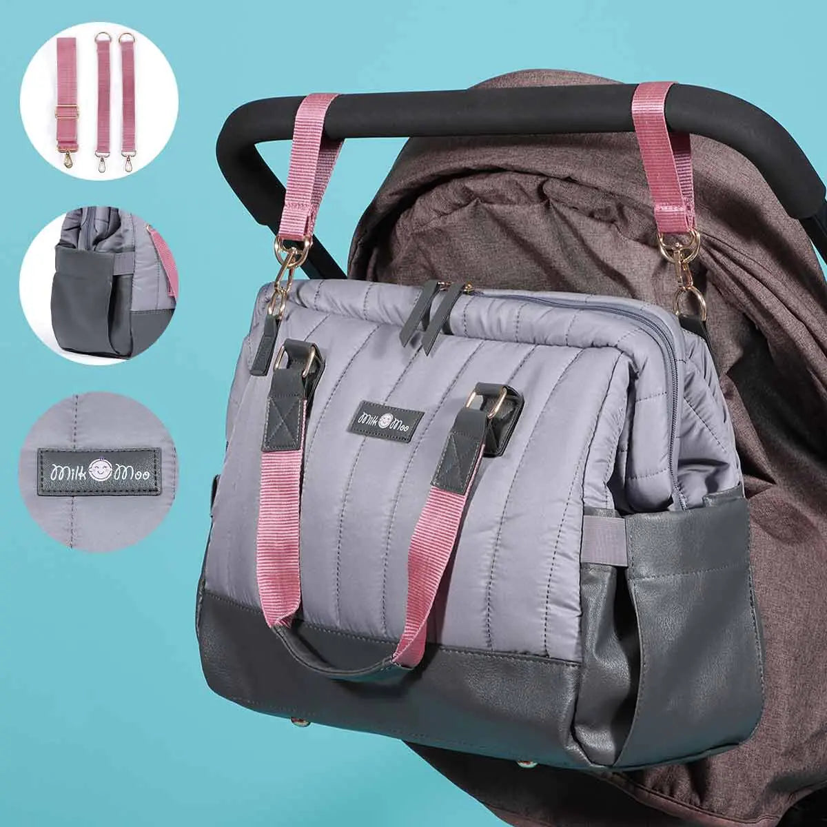 Milk&Moo Quilted Diaper Bag – Dark Gray Baby Tote with Vegan Leather, Multiple Carry Options, Stroller Straps – Stylish & Spacious for Moms