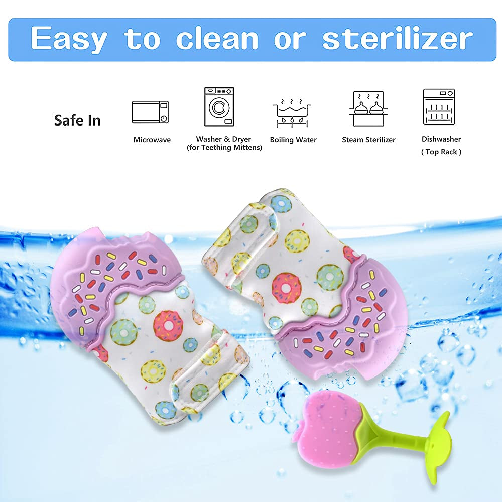 Baby Teethers Mittens Set, Teething Mitts(2Pack) with Teething Toy(4Pack), BPA Free Teethers for Babies 0-6 Months, Freezer Safe Slicone Baby Teething Toys for Babies 6-12 Months Newborn Gift