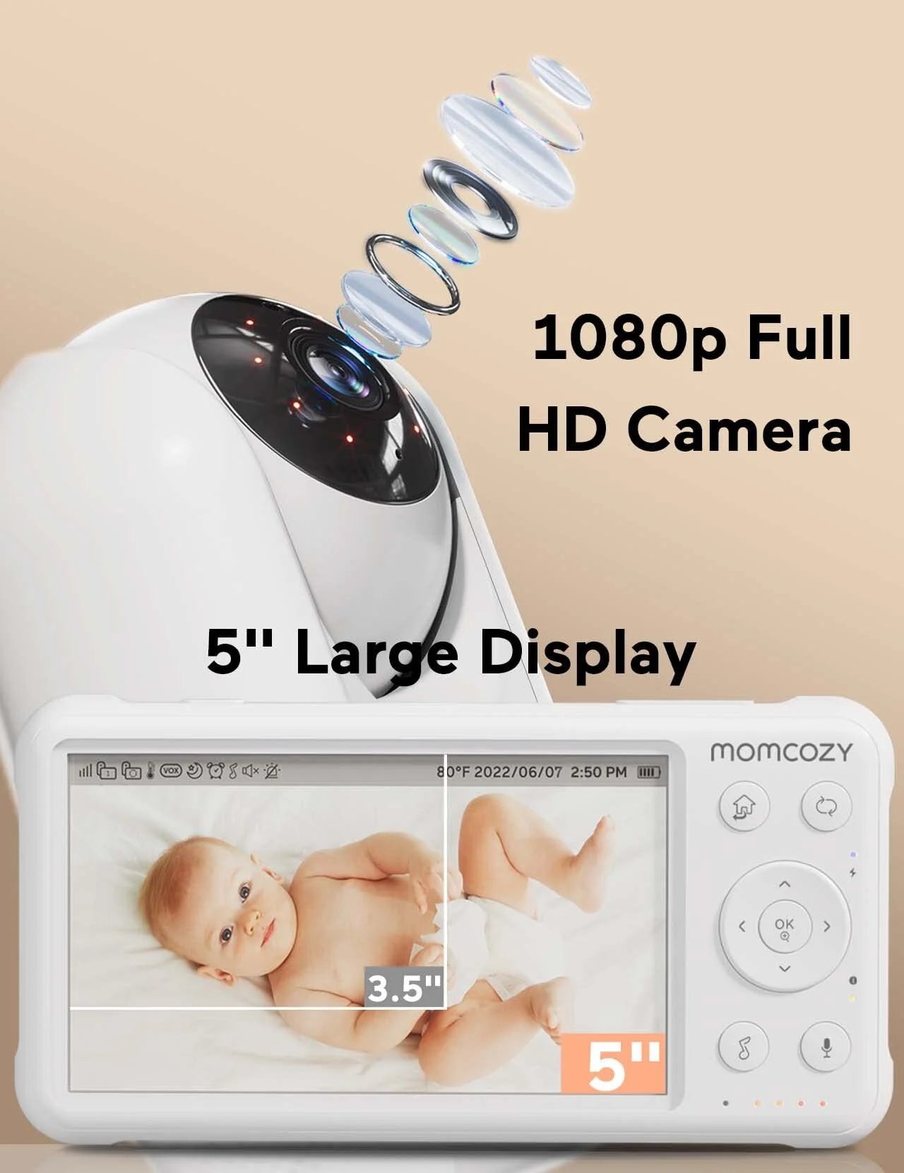 Video Baby Monitor, 5'' Display, 1080P HD, Infrared Night Vision, Long Range, 2-Way Talk