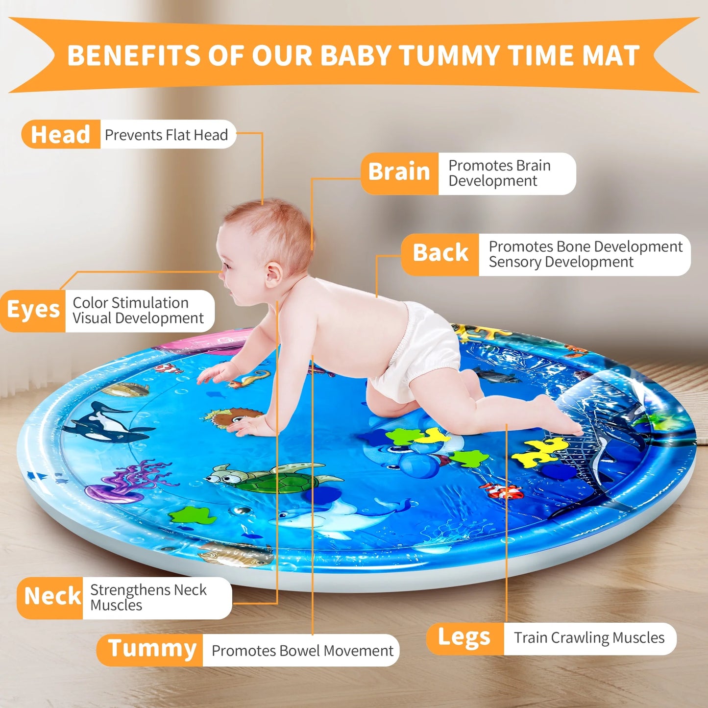 Tummy Time Mat, Water Play Mat for Babies Inflatable Tummy Time Water Play Mat for Infants and Toddlers 3 to 12 Months Promote Development Toys, Cute Baby Play Mat