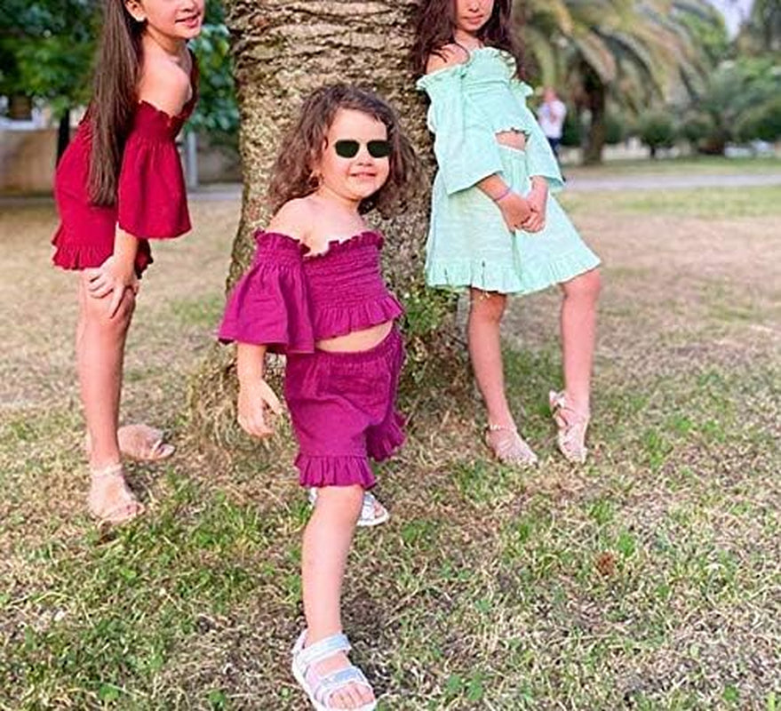 3Pcs Toddler Kids Baby Girl Summer Outfits off Shoulder Crop Top Ruffle Shorts Headband Clothes Set 1-6Y (Rose Red, 5-6T)