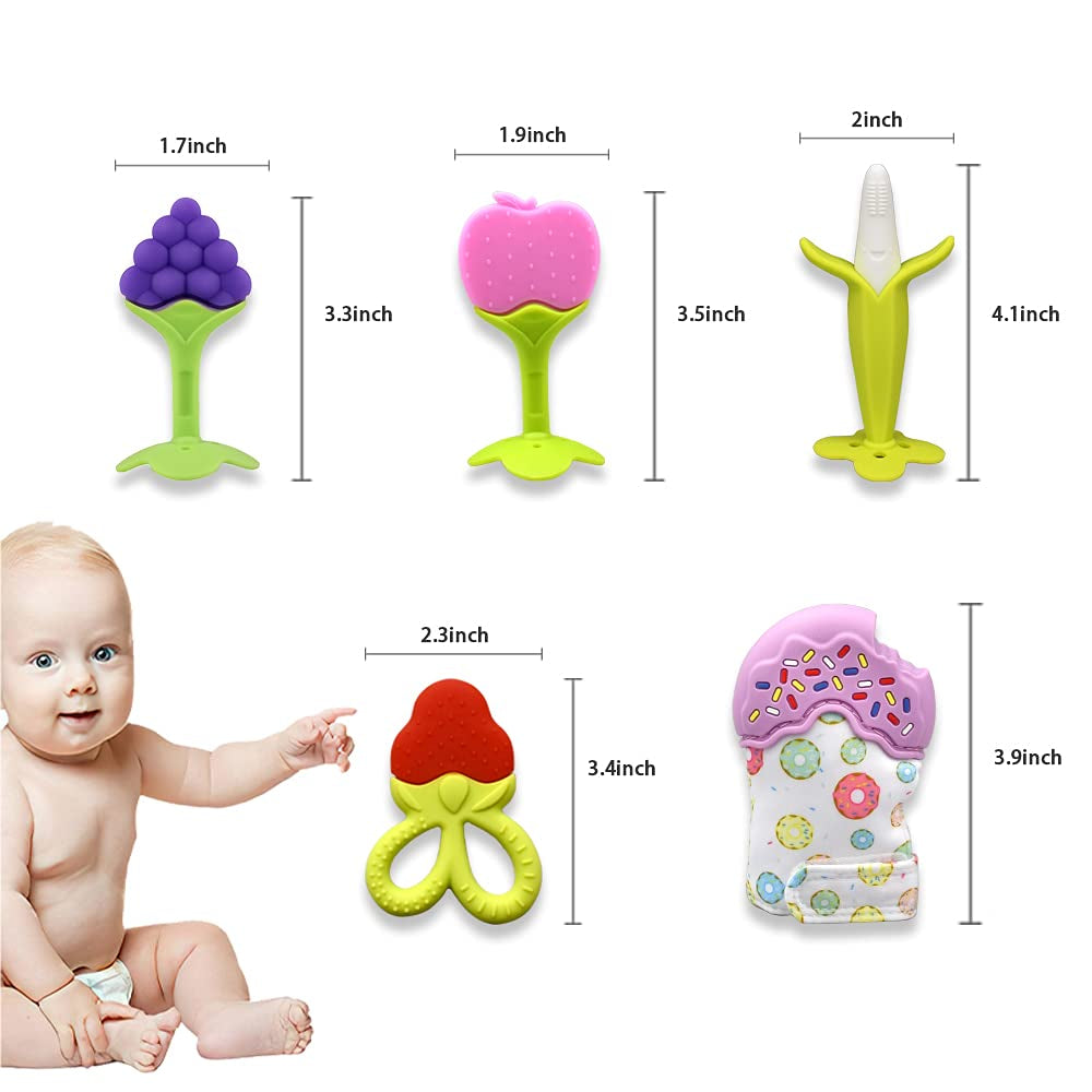 Baby Teethers Mittens Set, Teething Mitts(2Pack) with Teething Toy(4Pack), BPA Free Teethers for Babies 0-6 Months, Freezer Safe Slicone Baby Teething Toys for Babies 6-12 Months Newborn Gift