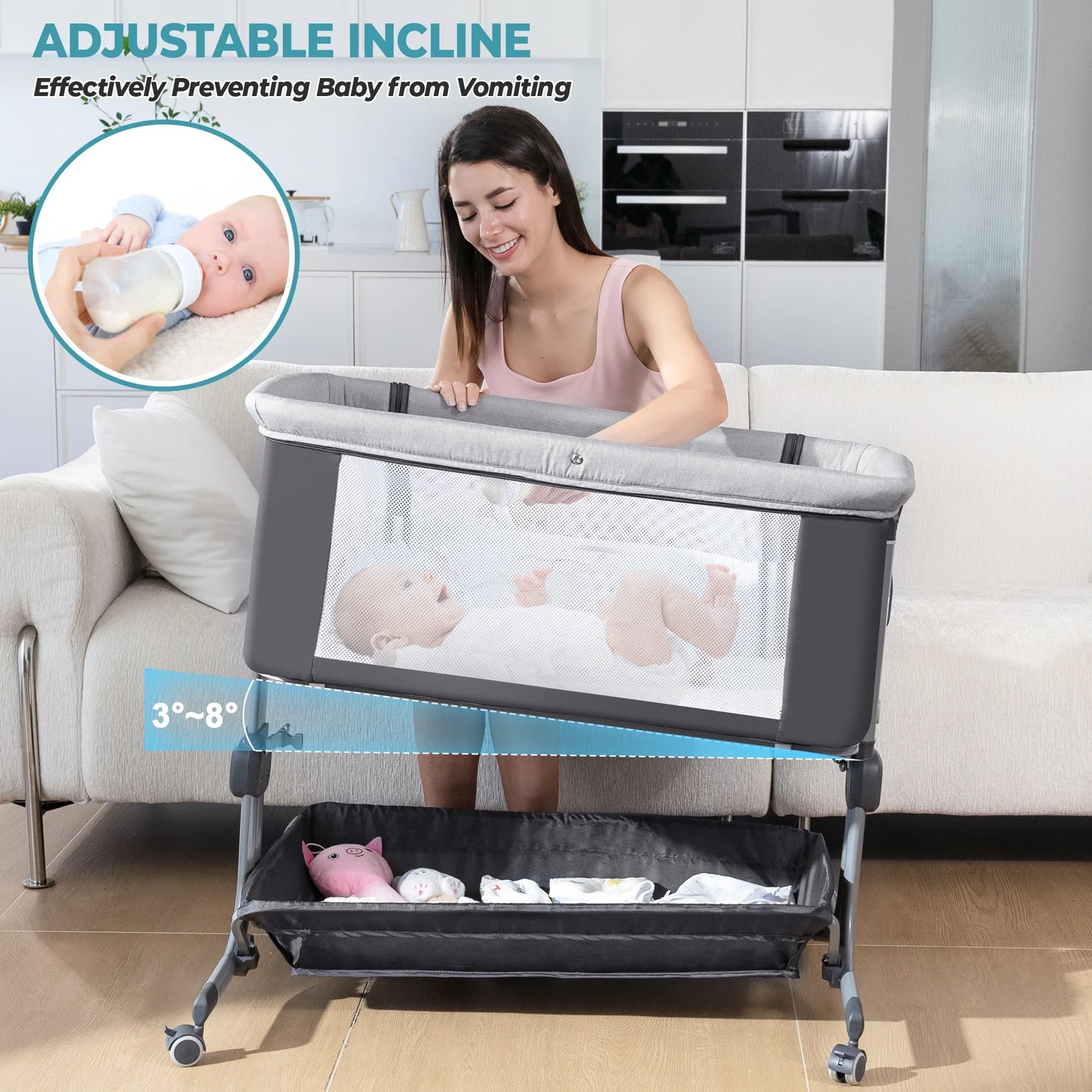 Portable Baby Bedside Sleeper Bassinet with Waterproof Mattress Pad for Infant Newborn up to 12 Month