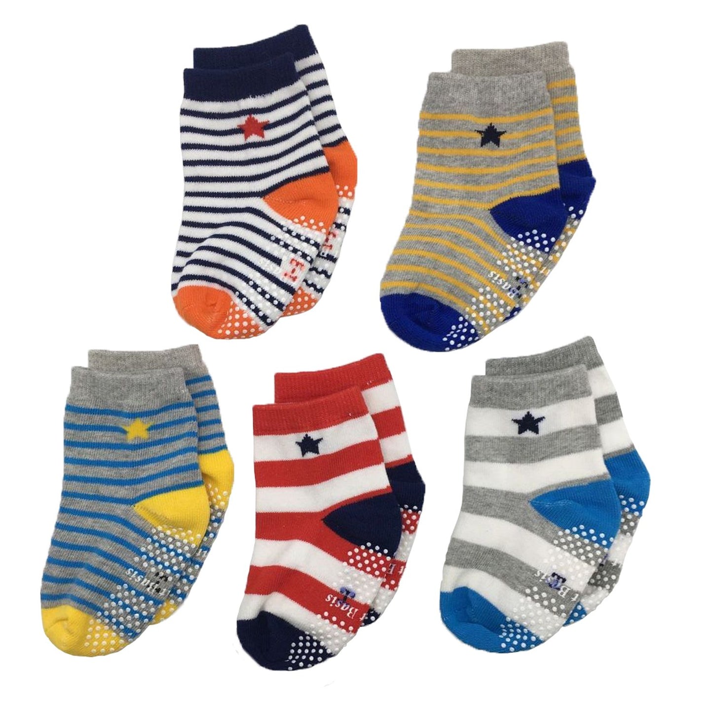 Assorted Non Skid Ankle Socks 5 Pairs 8-36 Months Baby Walker Boys Toddler anti Slip Knit Stripes Star Grips Socks