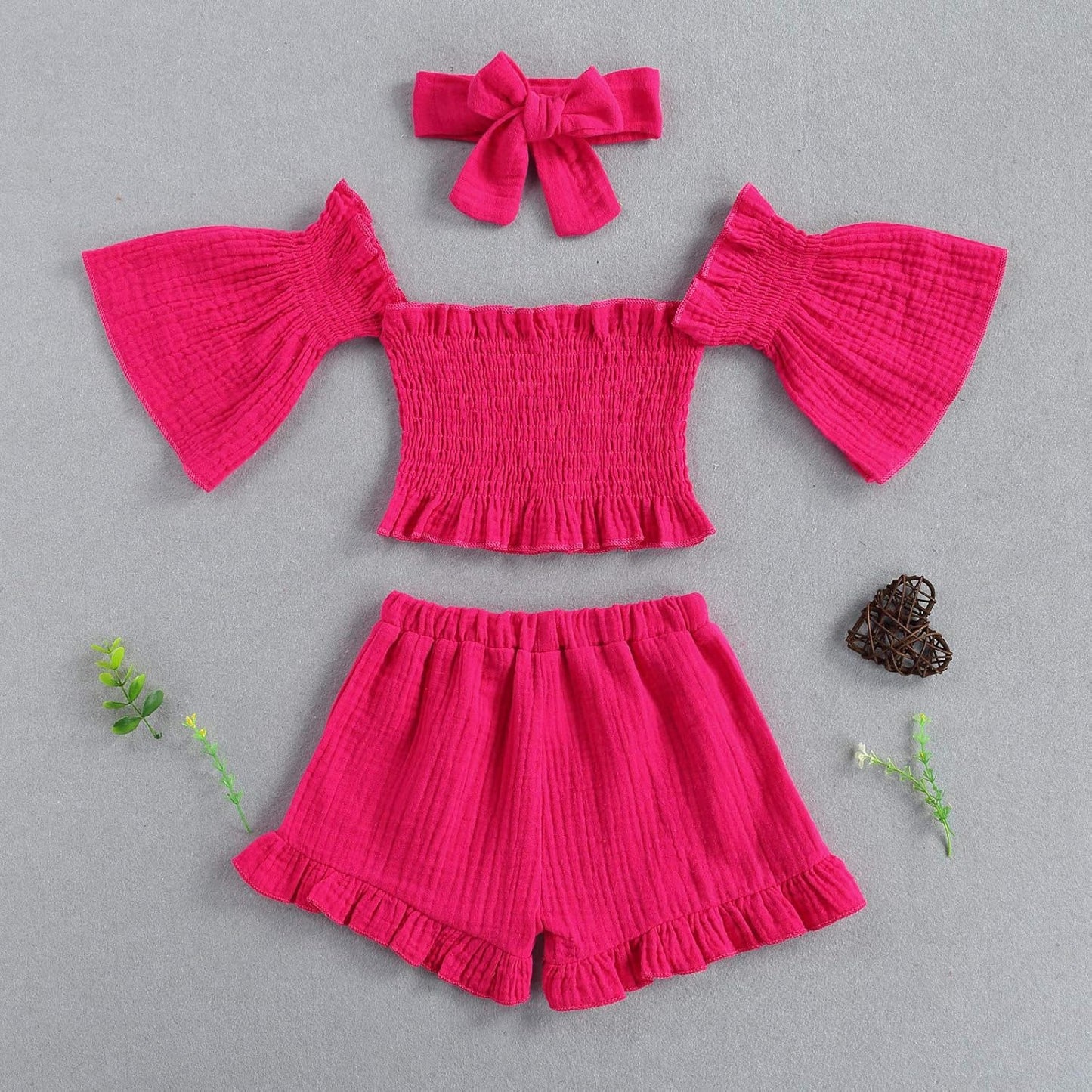 3Pcs Toddler Kids Baby Girl Summer Outfits off Shoulder Crop Top Ruffle Shorts Headband Clothes Set 1-6Y (Rose Red, 5-6T)
