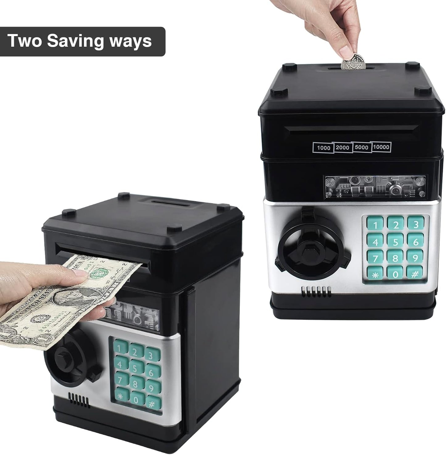 Electronic Piggy Bank Code Lock for Kids Baby Toy, Mini ATM Safe Coin Cash Banks Real Money Saving Box with Password, Auto Money Scroll for Children,Boys Girls Birthday Gift (Black)