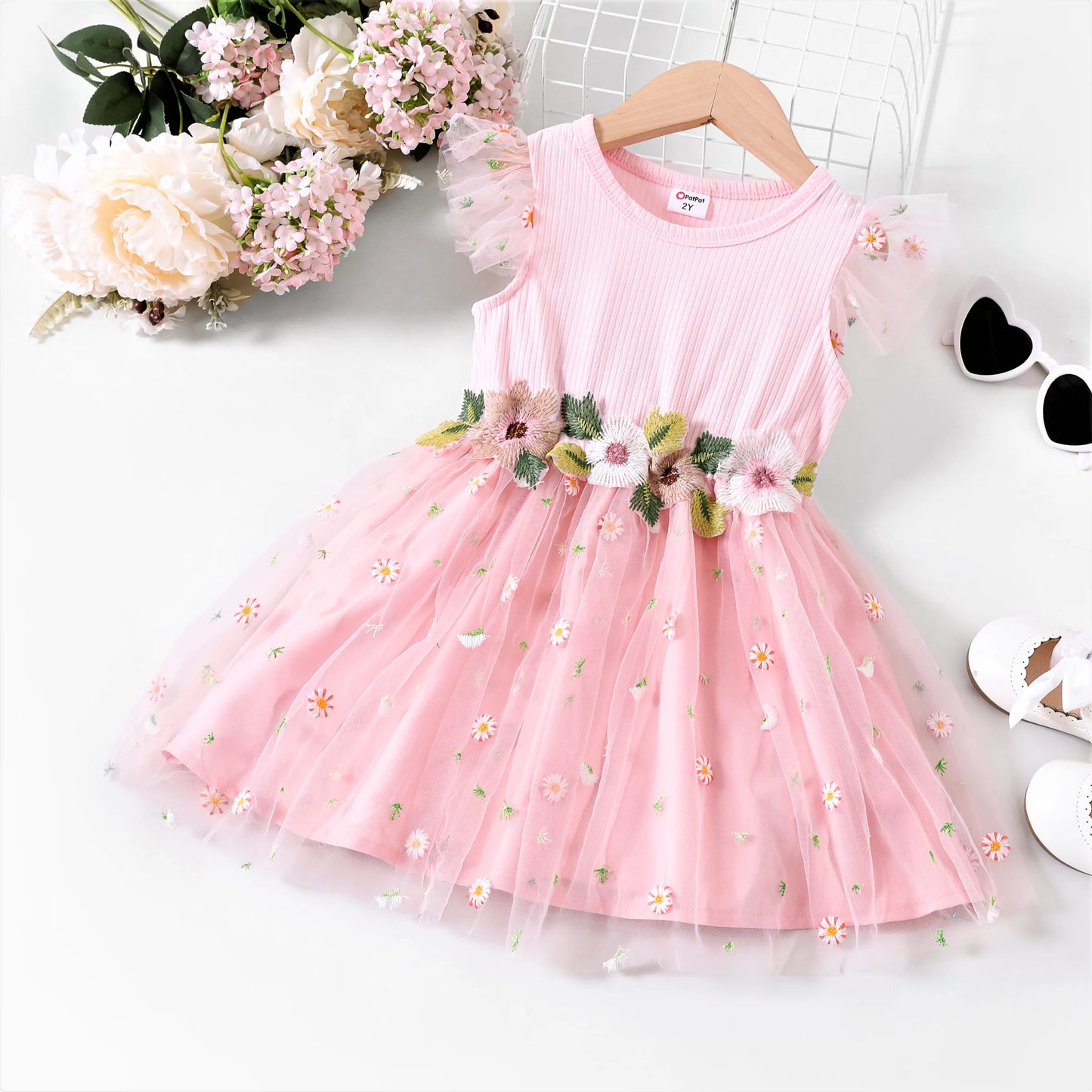 Summer Girls Clothes Toddler Girl Sweet Flutter Sleeve Flower Dress, Pink, 3-4 Years