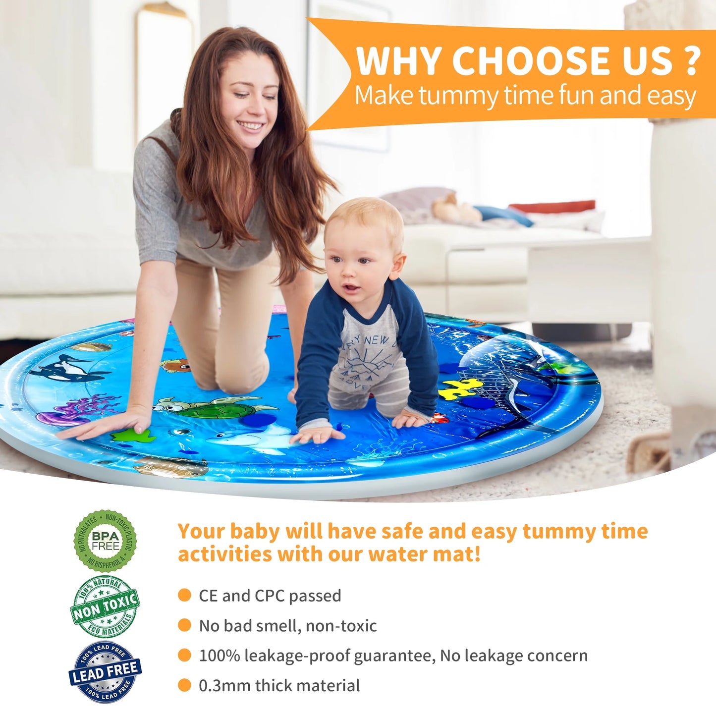 Tummy Time Mat, Water Play Mat for Babies Inflatable Tummy Time Water Play Mat for Infants and Toddlers 3 to 12 Months Promote Development Toys, Cute Baby Play Mat