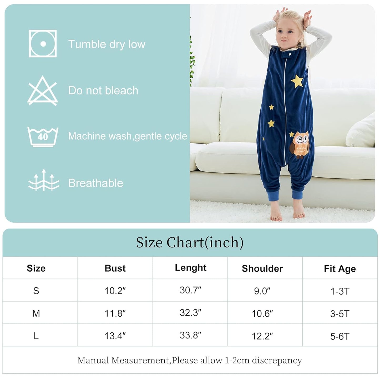 Unisex Baby Sleeping Bag Spring Wearable Blanket with Legs for Toddler, Blue 5-6T