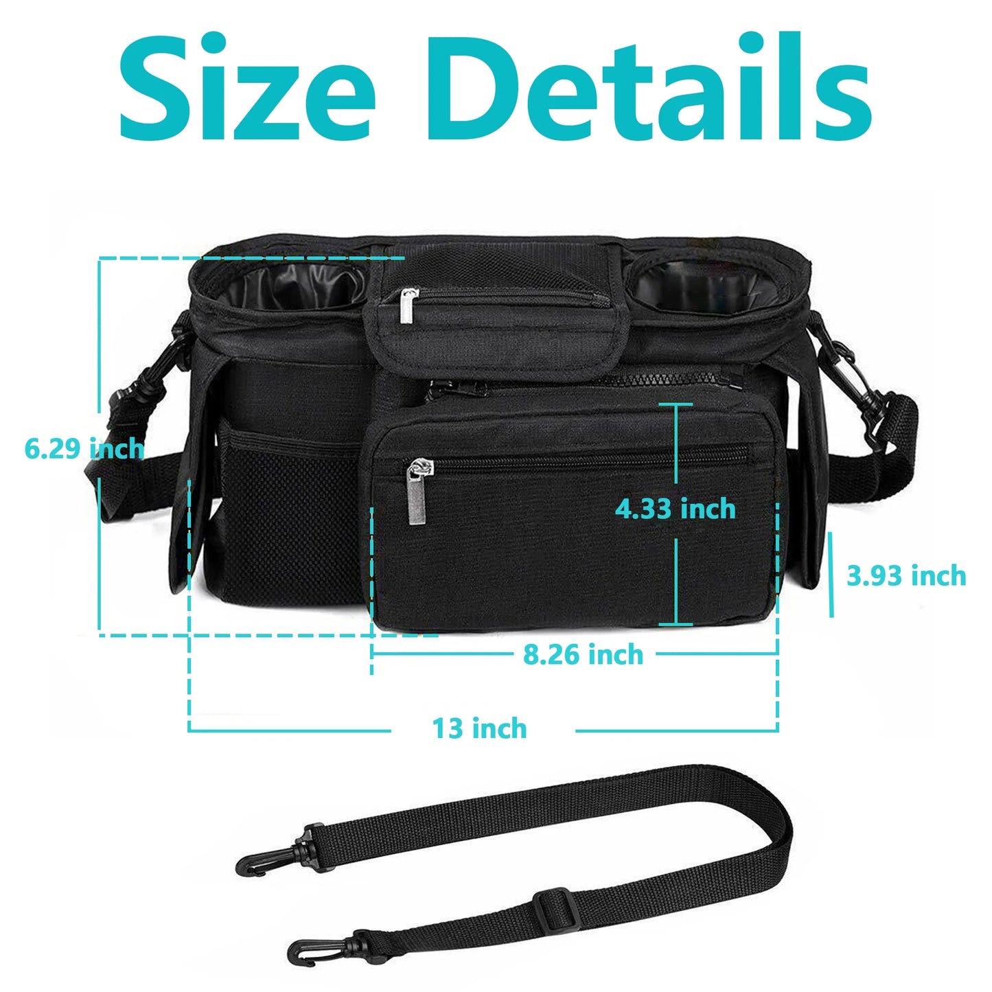 Universal Stroller Organizer Non Slip Straps Stroller Caddy with Insulated 2 Cup Holder-Detachable Phone Bag & Shoulder Strap,Fits for Stroller like Uppababy,Baby Jogger and Pet Stroller,Black