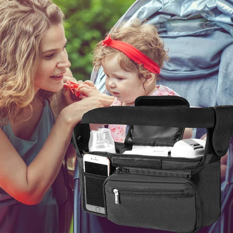 Stroller Organizer with 2 Cup Holder, Detachable Zippered Pocket & Adjustable Shoulder Strap, Universal Stroller Accessories Fits for All Baby Strollers
