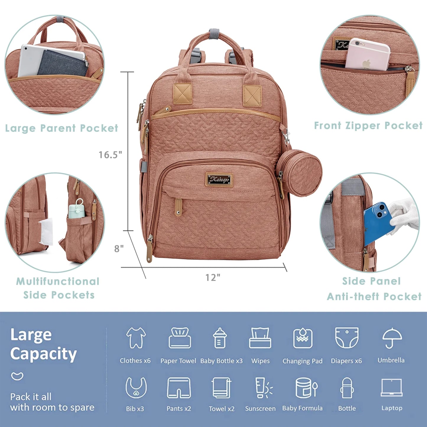 Baby Diaper Bag with Changing Pad, Large Capacity Travel Backpack with Insulated Milk Bottle Pocket, Pink