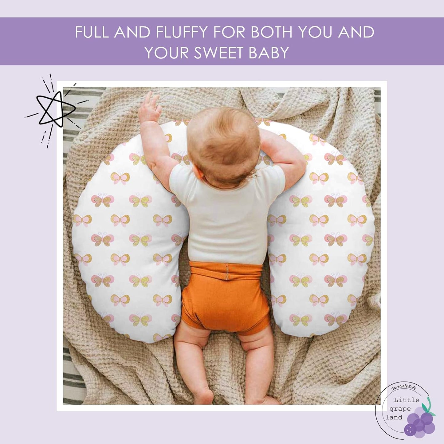 Nursing Pillow, Breast Feeding Pillows for Mom, Butterfly Soft Cover with Breathable Filling, Feeding Support Pillow for 0-12 Months, Multifunctional Support Cushion for Travel