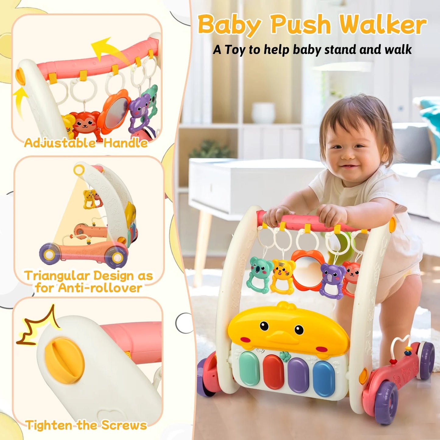 4 in 1 Baby Play Gym & Play Mats,Kick and Play Piano Gym, Baby Activity Walker for 0-24 Months Infant Newborn Toddler, Pink