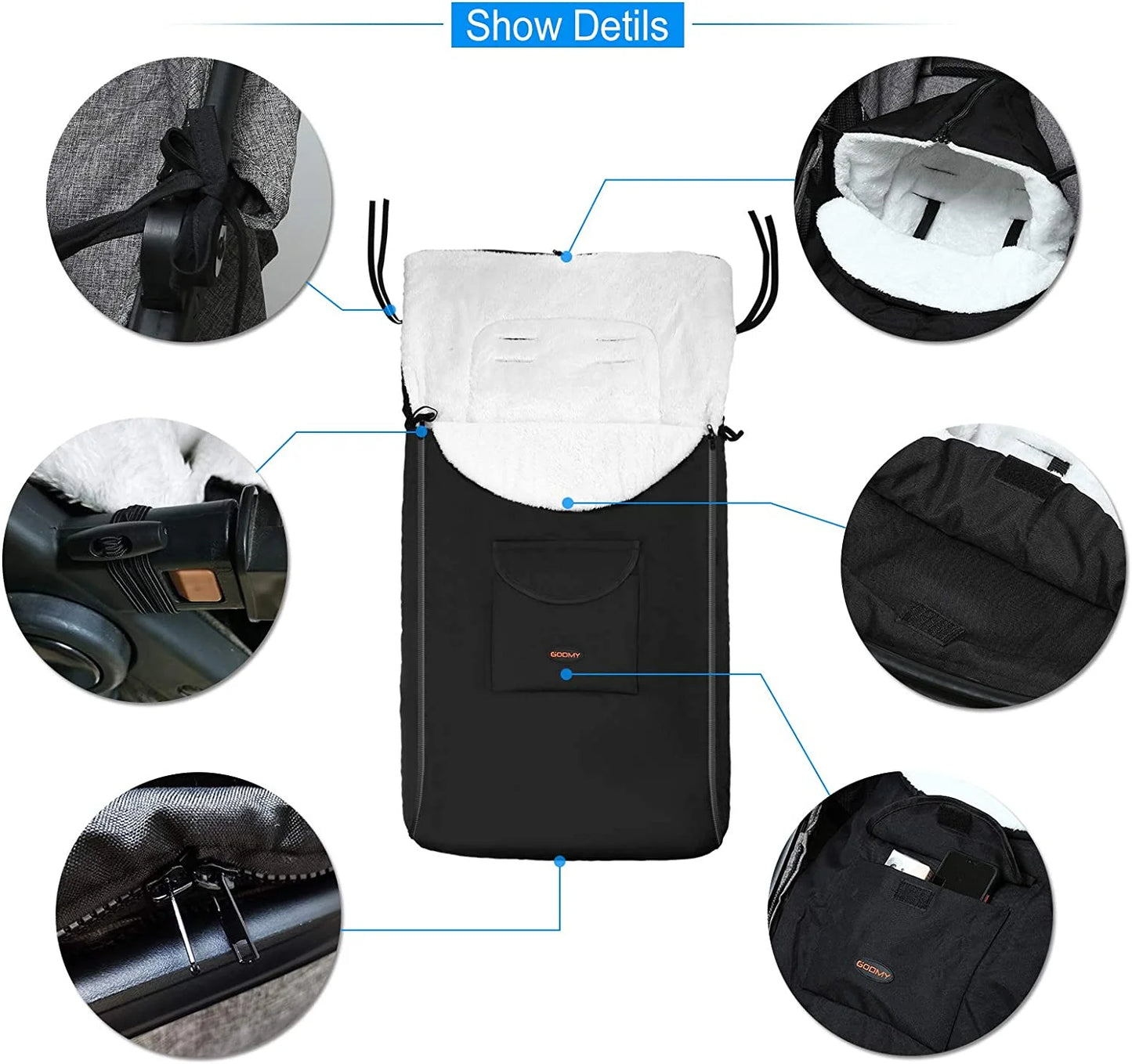 Removable Stroller Sleeping Bag, Cold Weather, Soft Fleece Lined, 18" X 35.4", Toddler Stroller Footmuff, Black