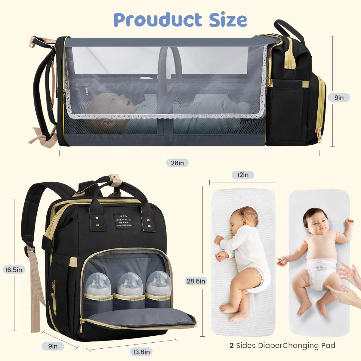 Diaper Bag Backpack, Multifunctional Baby Changing Bag with Foldable Crib &Insulated Milk Bottle Pockets, Large Capacity Portable Travel Backpack with USB Charging Port, Nappy Bag for Moms Dads,Black