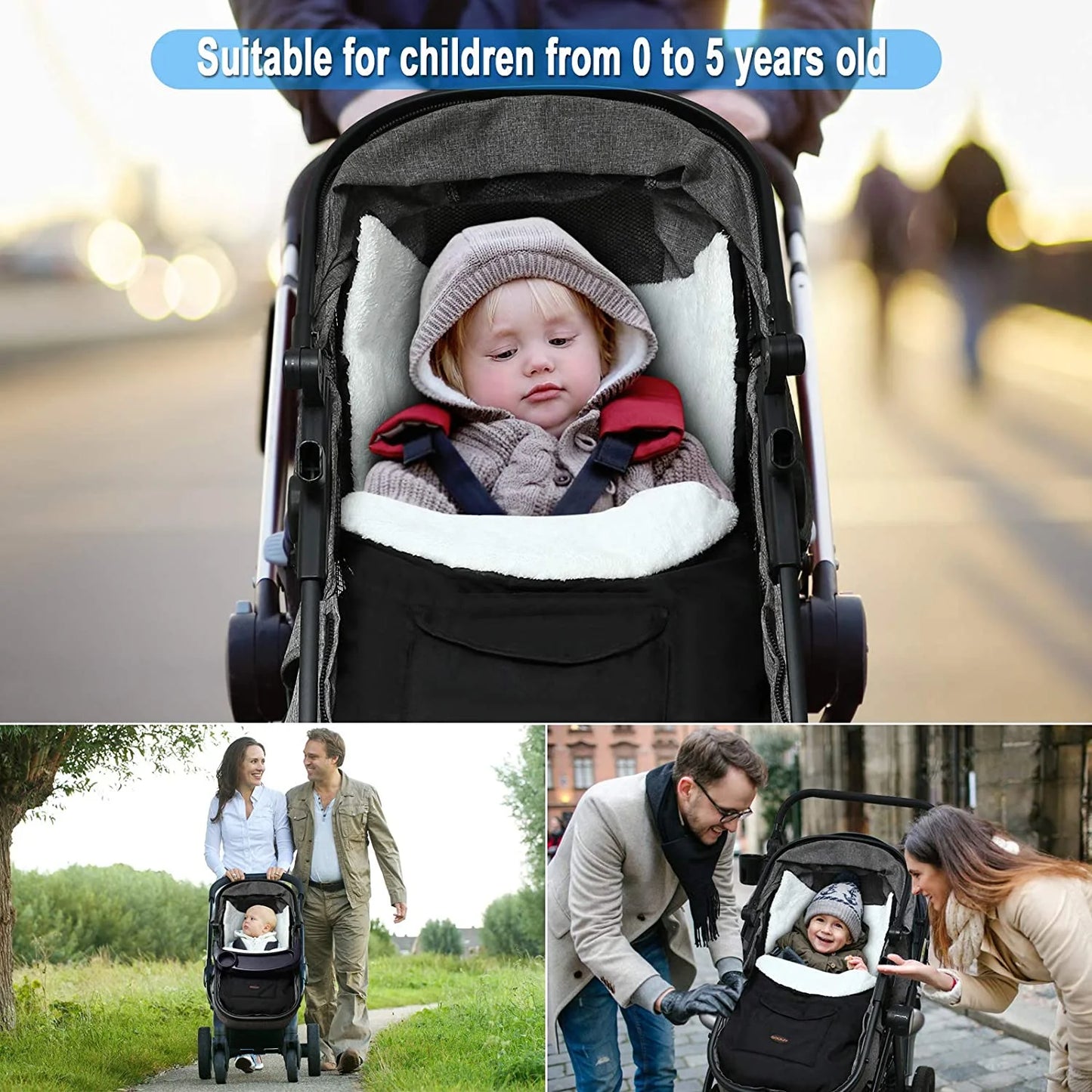Removable Stroller Sleeping Bag, Cold Weather, Soft Fleece Lined, 18" X 35.4", Toddler Stroller Footmuff, Black