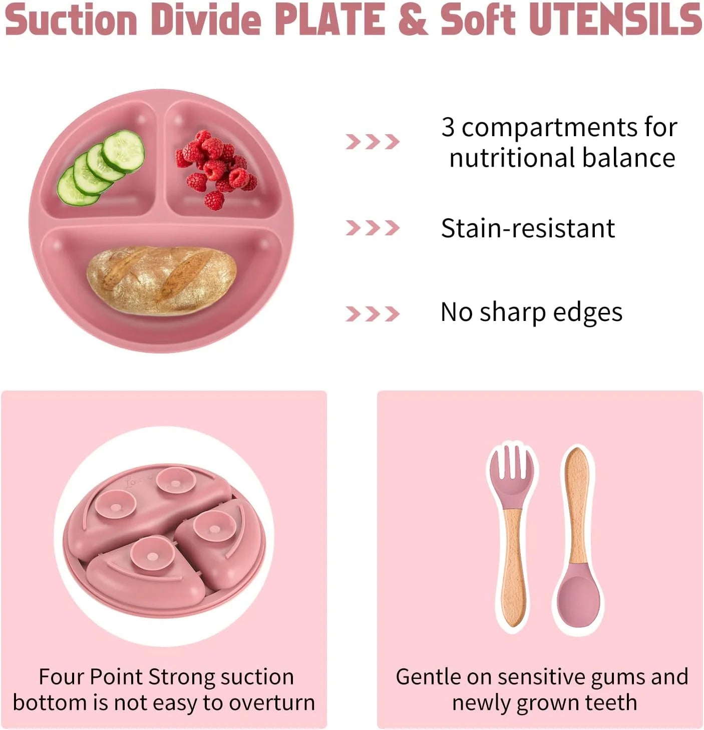 Silicone Baby Feeding Set|Baby Weaning Supplies Set|Suction Baby Plate Bowl Set with Bib Spoon Fork Sippy Cup|Baby Feeding Eating Supplies Set BPA Free - Dark Pink