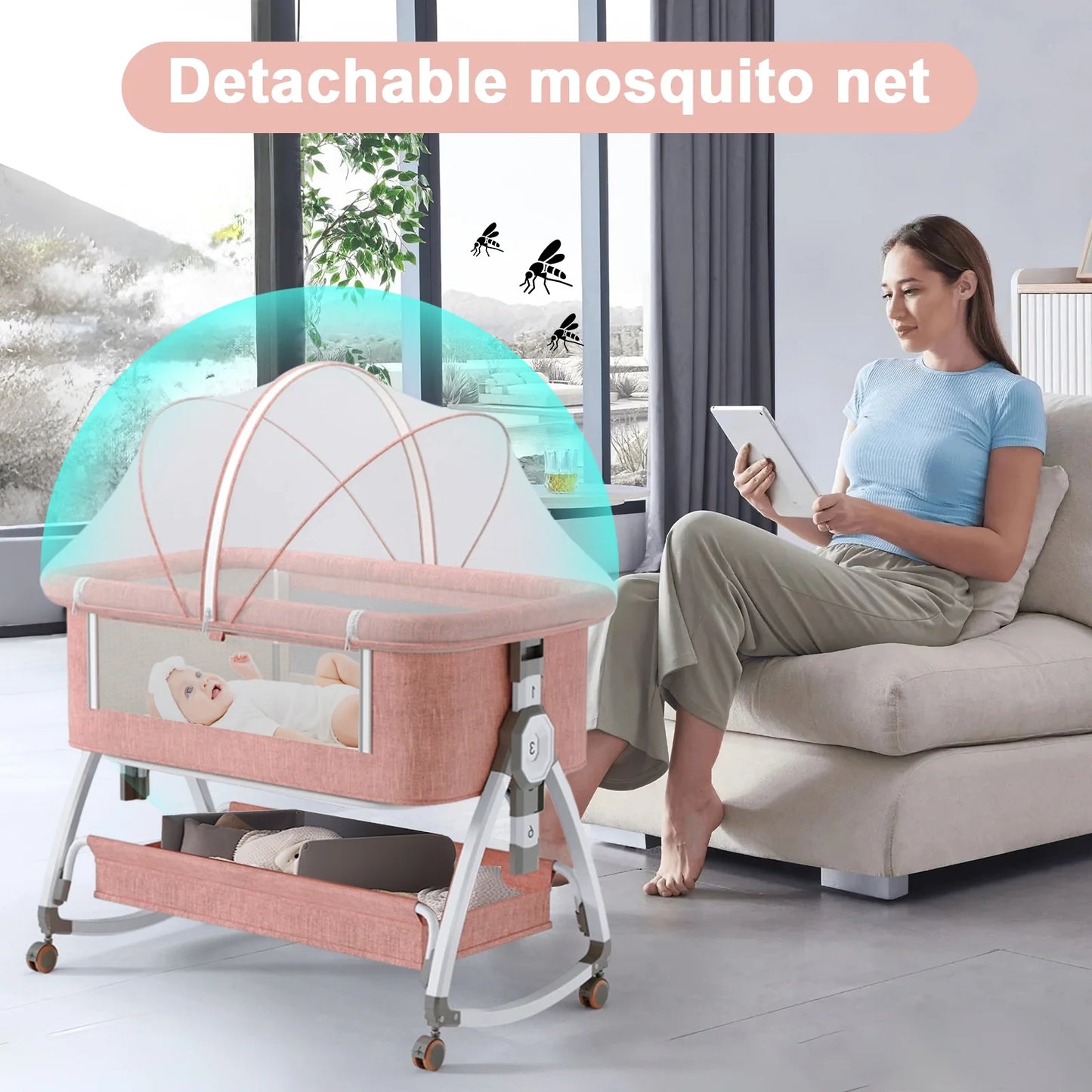 5-In-1 Folding Baby Bassinet,6-Height-Adjustable Crib with Lockable Wheels,Changing Table(Pink)