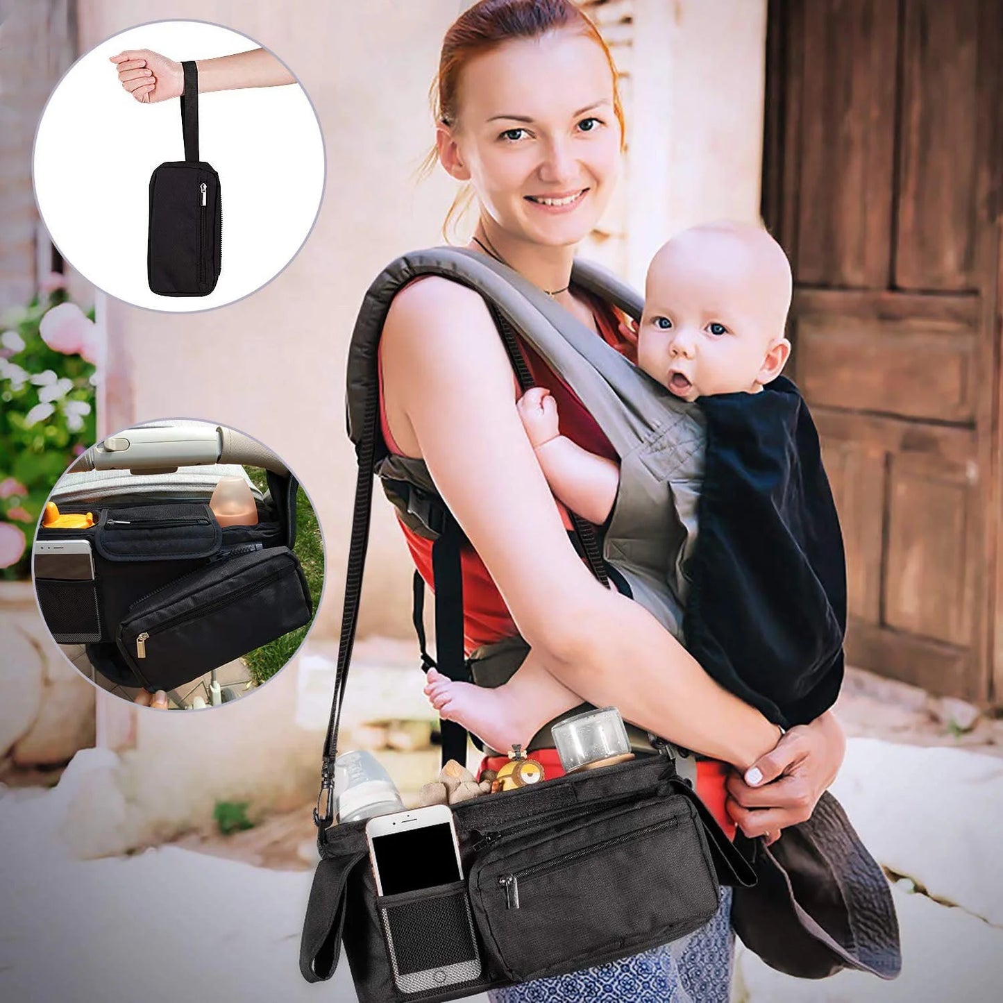 Stroller Organizer with 2 Cup Holder, Detachable Zippered Pocket & Adjustable Shoulder Strap, Universal Stroller Accessories Fits for All Baby Strollers
