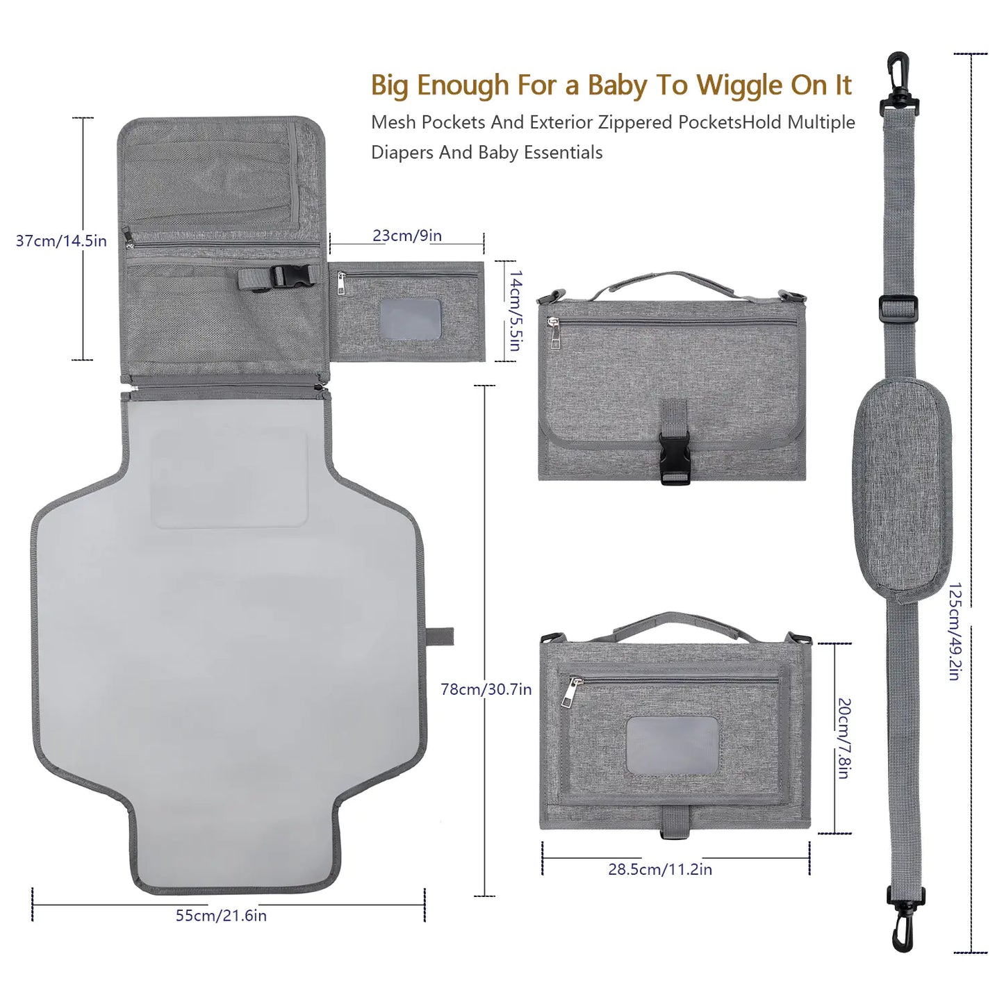 Portable Baby Changing Pad – Foldable with Shoulder Strap, Memory Foam Pillow & Wipes Pocket